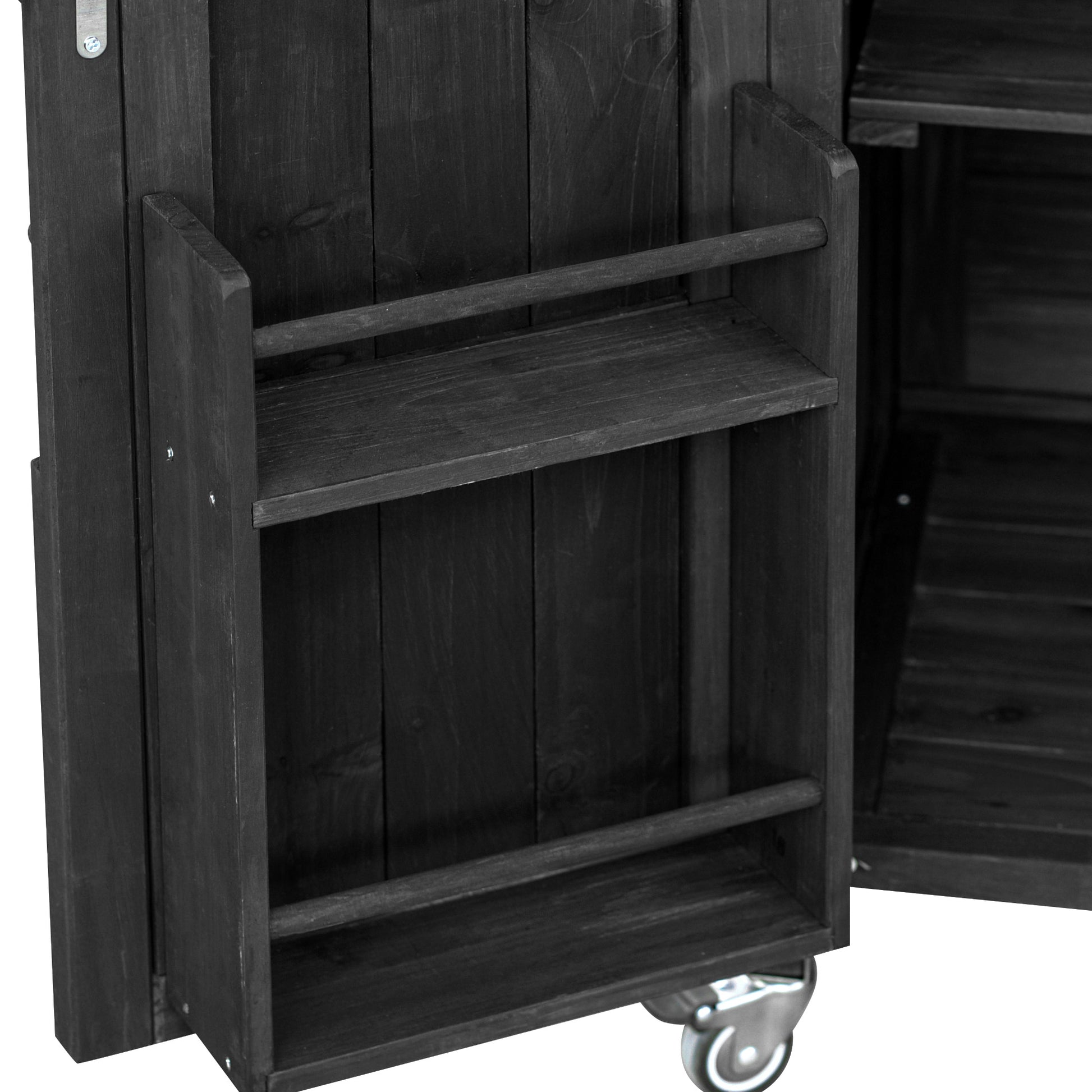 Calais black outdoor kitchen island showing side storage rack and wood shelf detail