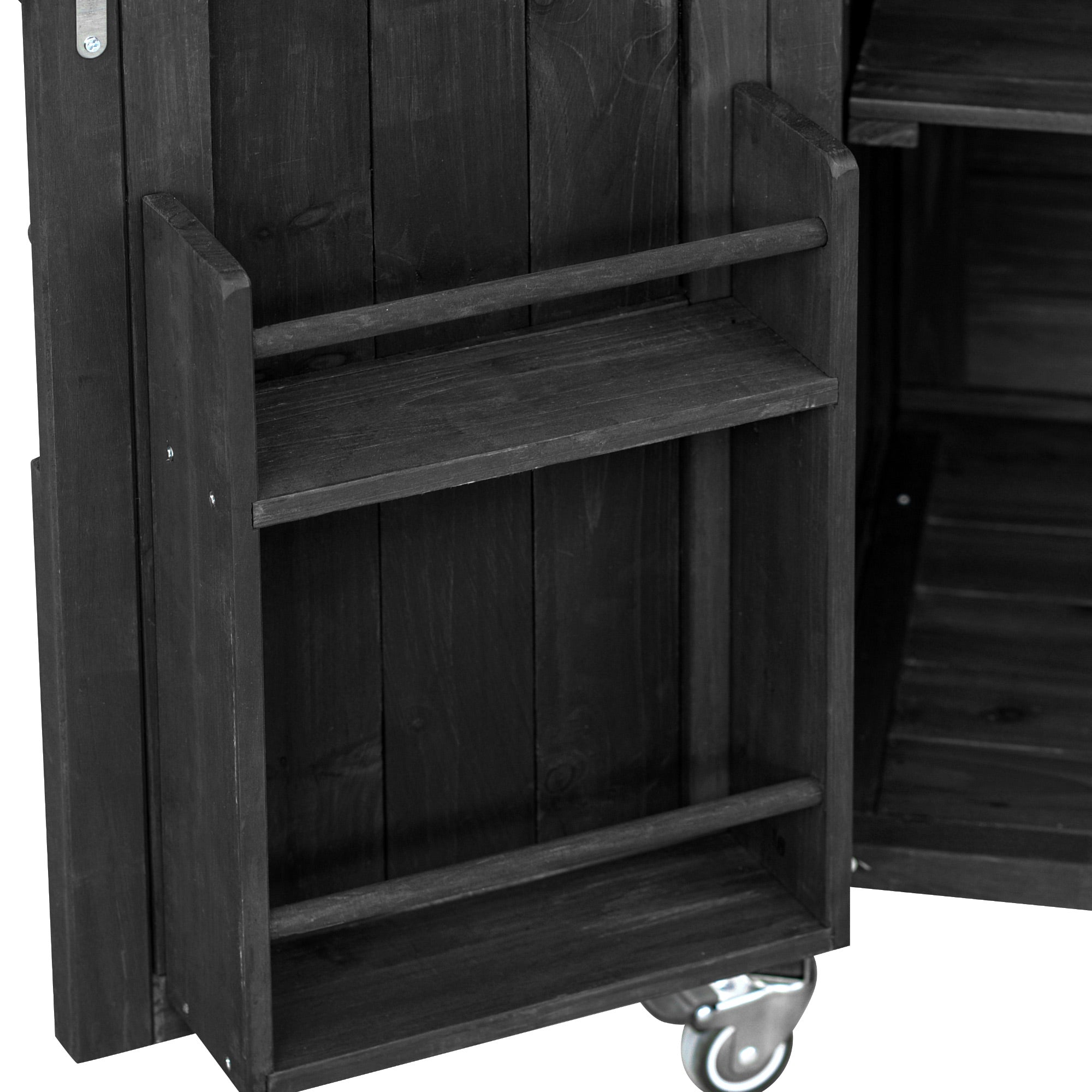 Calais black outdoor kitchen island showing side storage rack and wood shelf detail