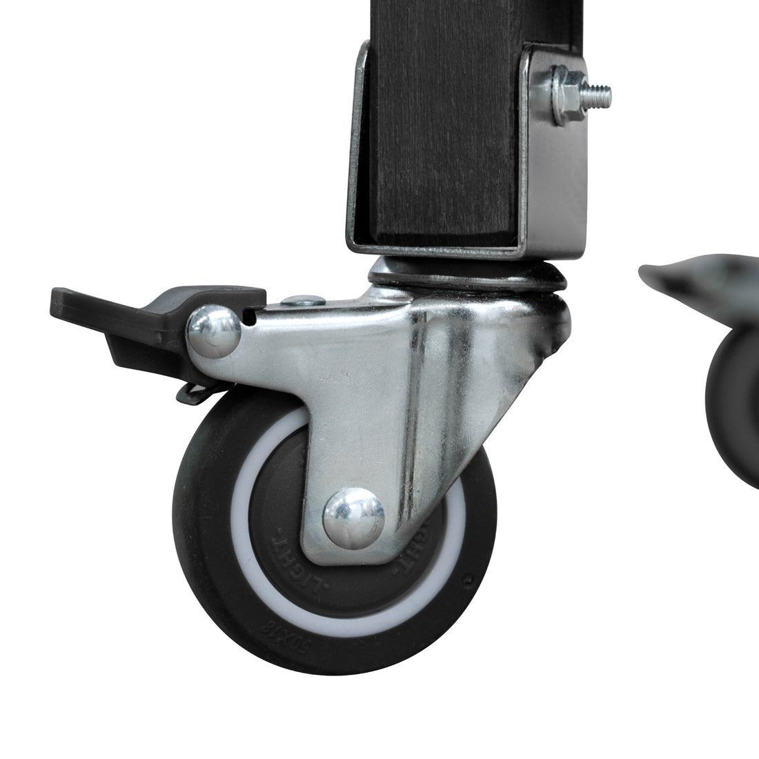 Calais black outdoor kitchen island showing caster wheel with locking brake detail
