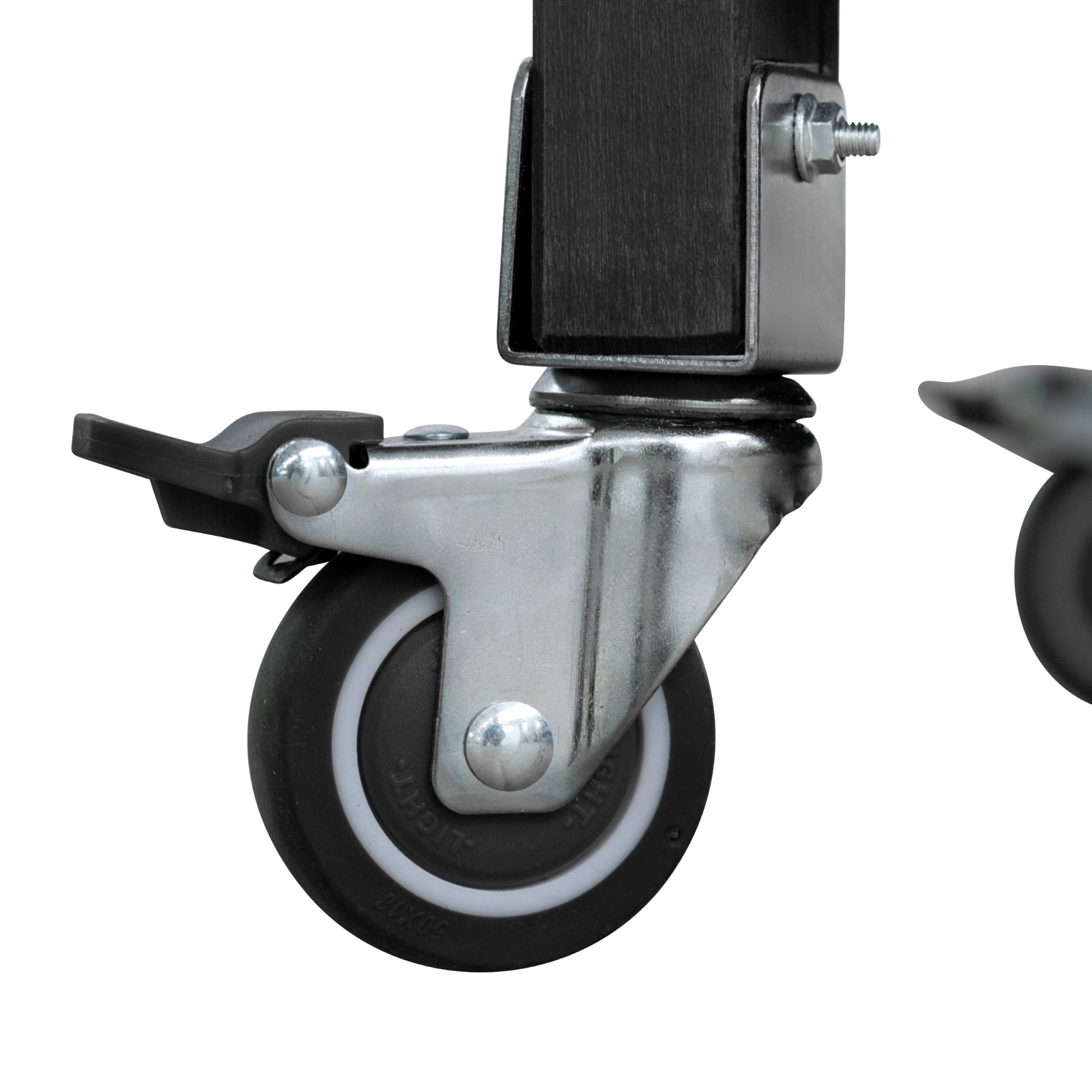 Calais black outdoor kitchen island showing caster wheel with locking brake detail