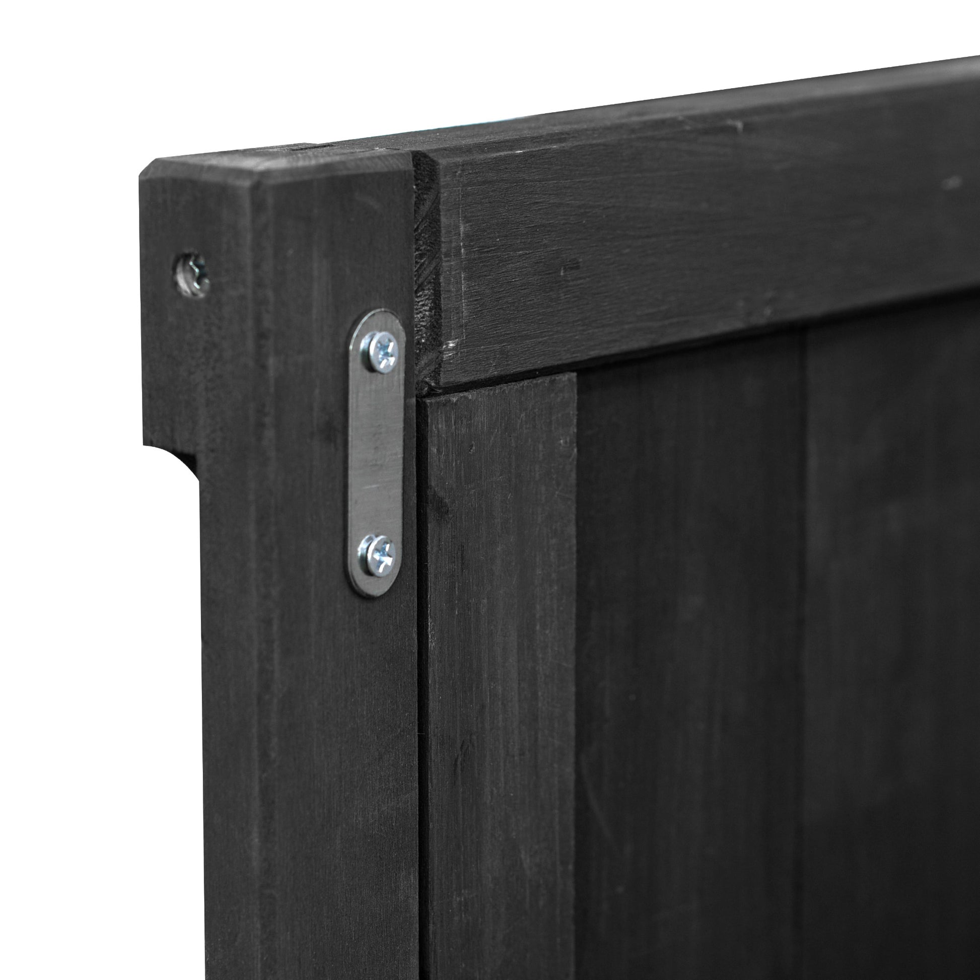 Calais black outdoor kitchen island showing metal bracket screws and wood frame detail
