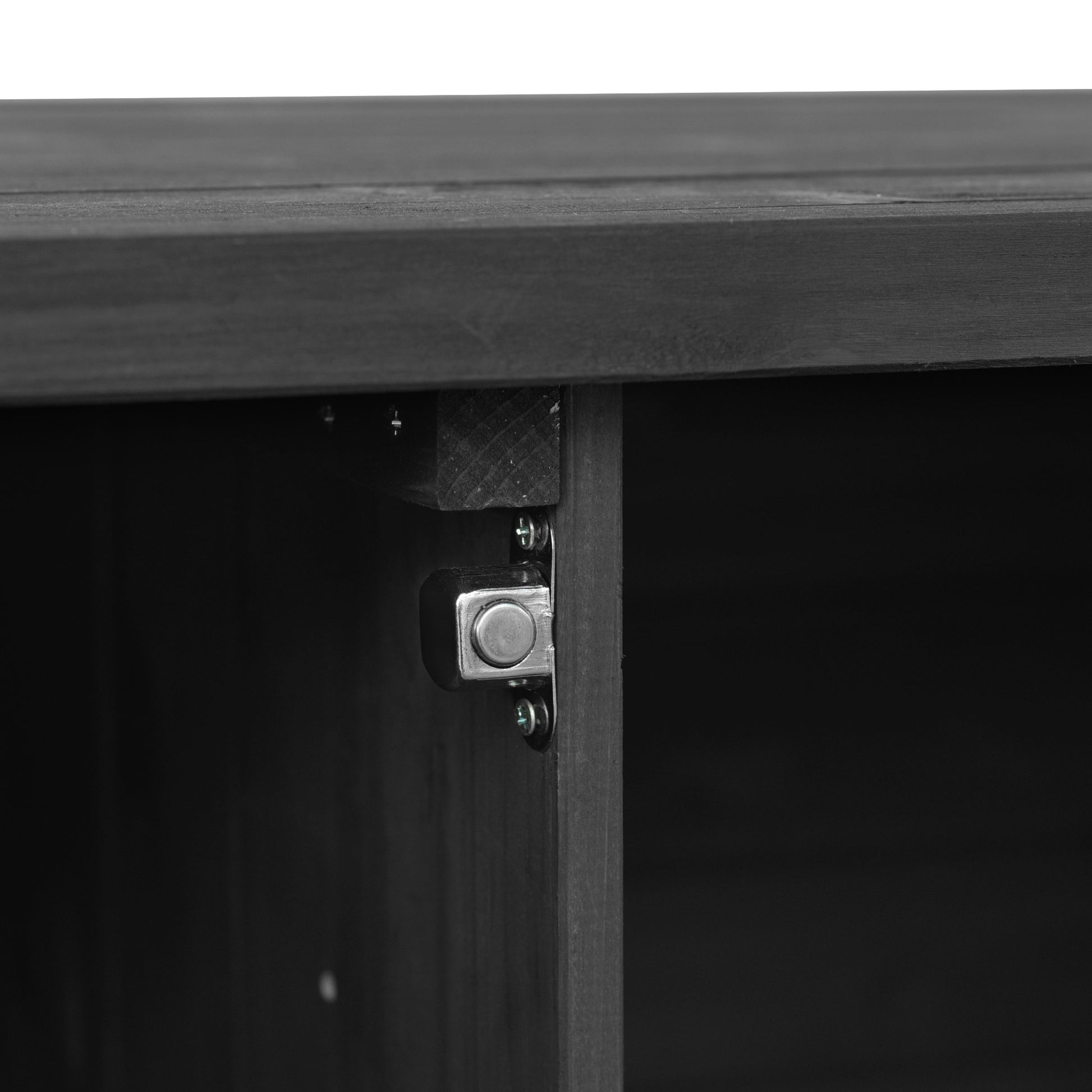 Calais black outdoor kitchen island showing magnetic door catch and inner cabinet detail