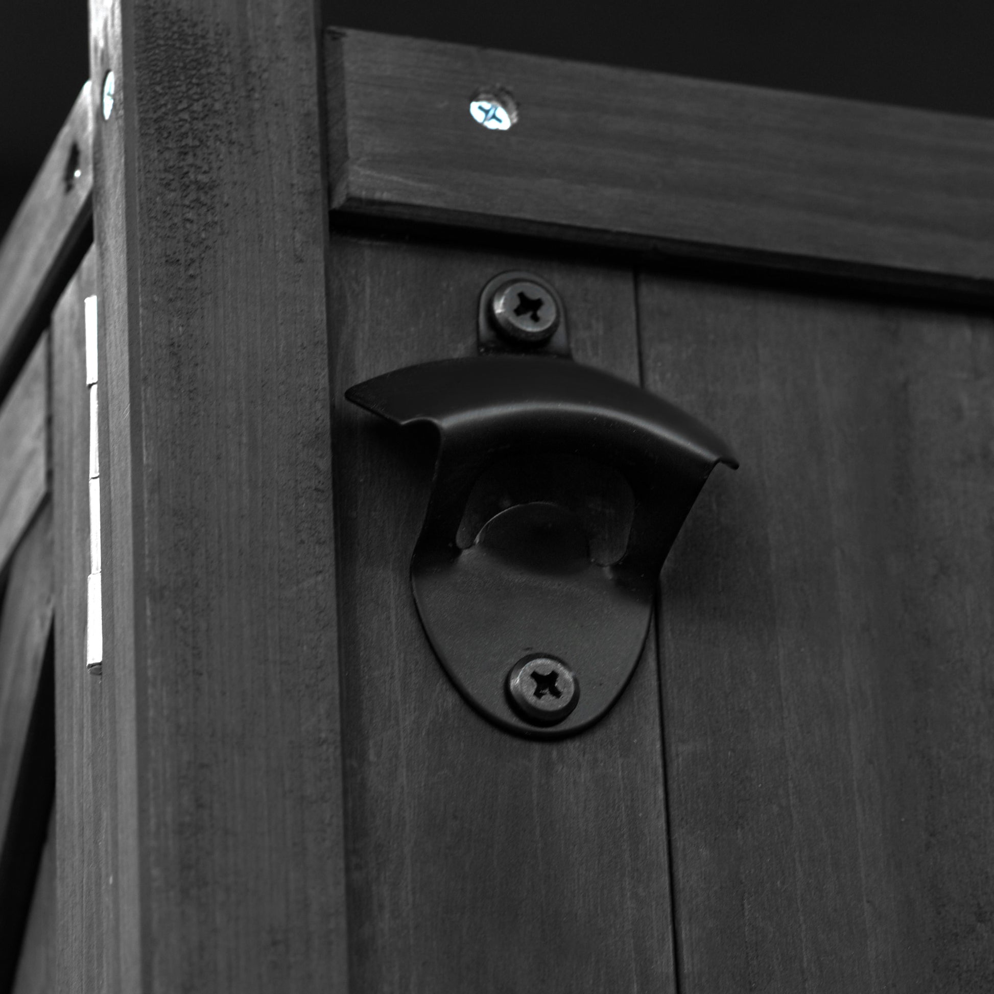 Calais black outdoor kitchen island showing bottle opener and screw-mounted detail