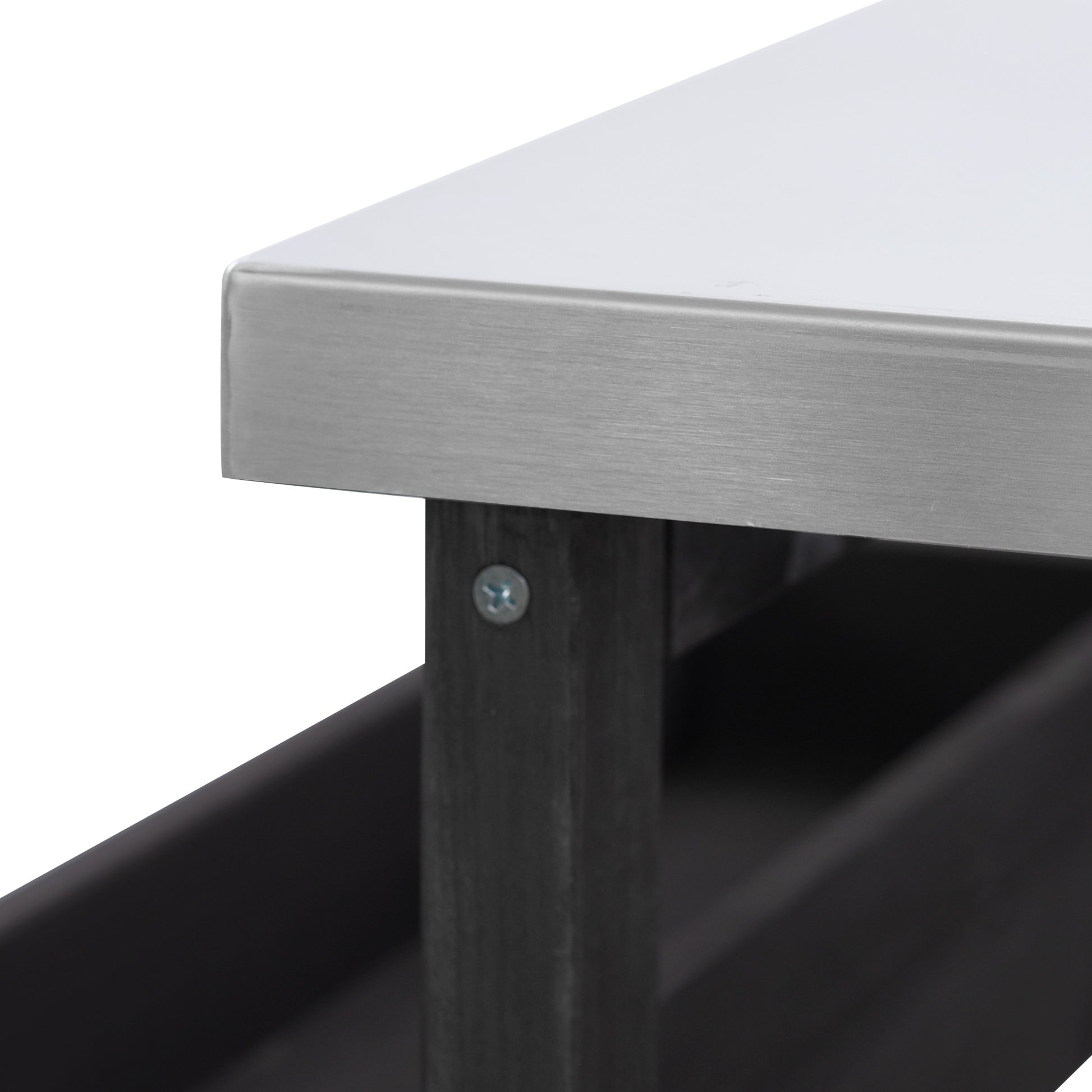 Calais black outdoor kitchen island showing stainless steel tabletop edge and wood frame detail