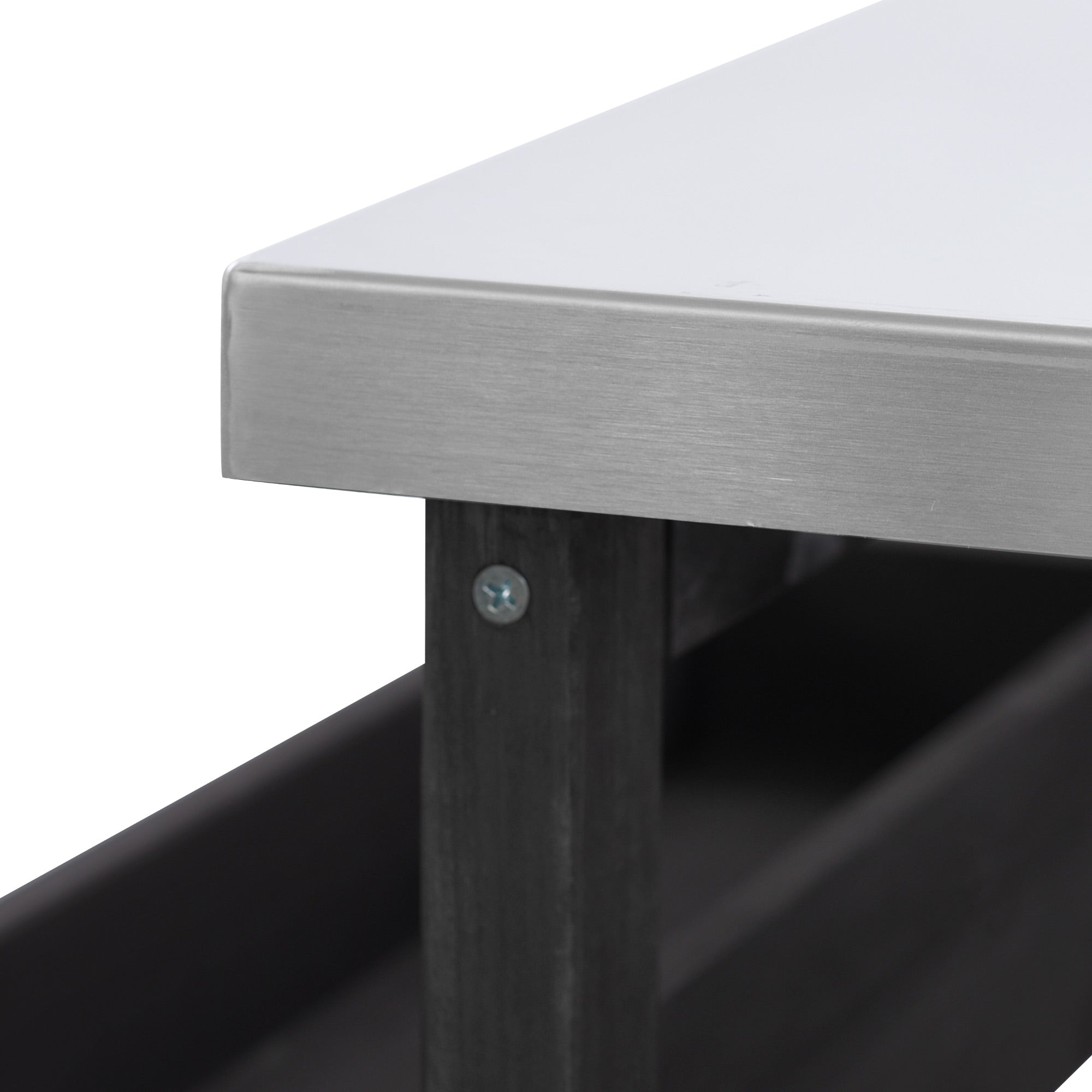 Calais black outdoor kitchen island showing stainless steel tabletop edge and wood frame detail