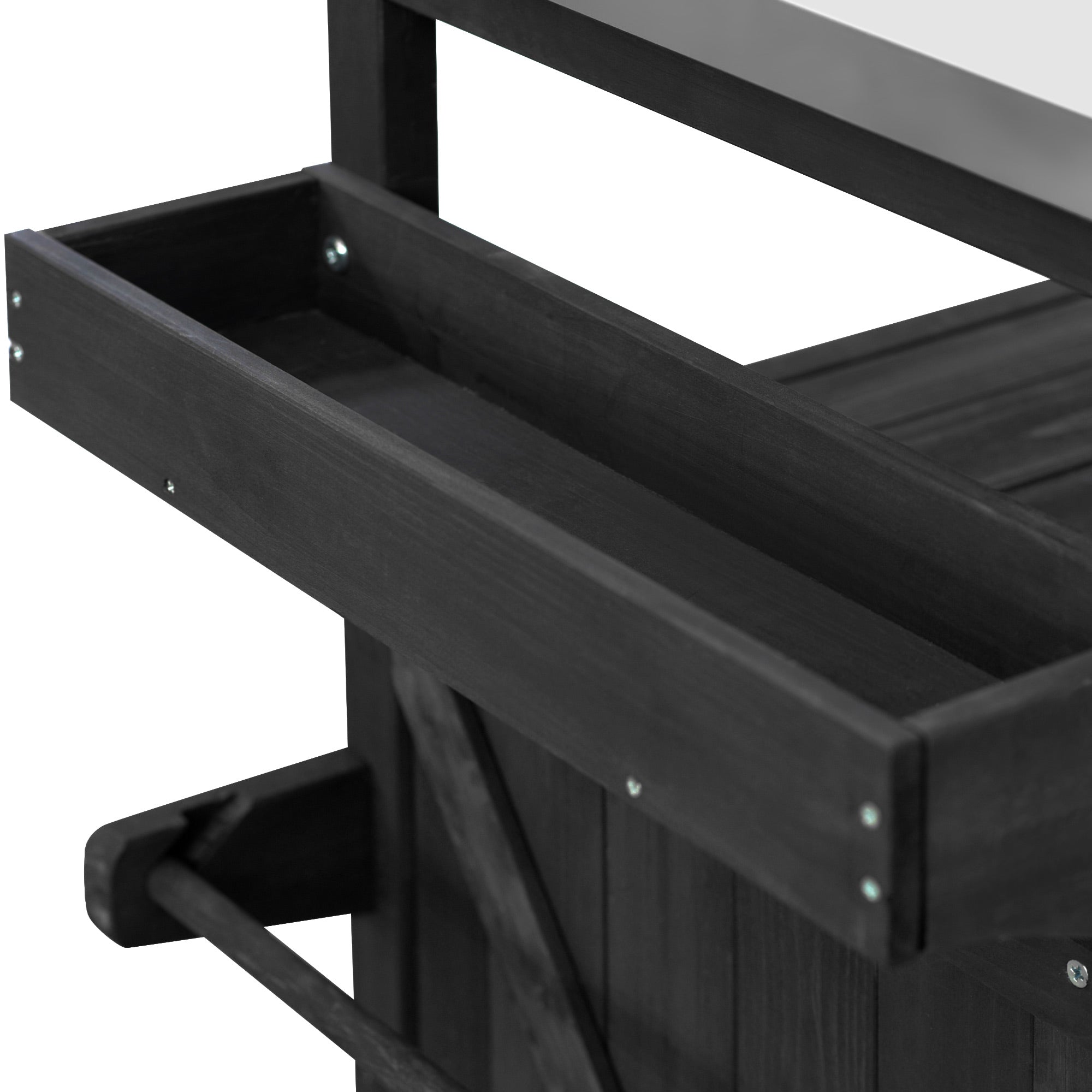 Calais black outdoor kitchen island showing side drawer storage and wood frame detail