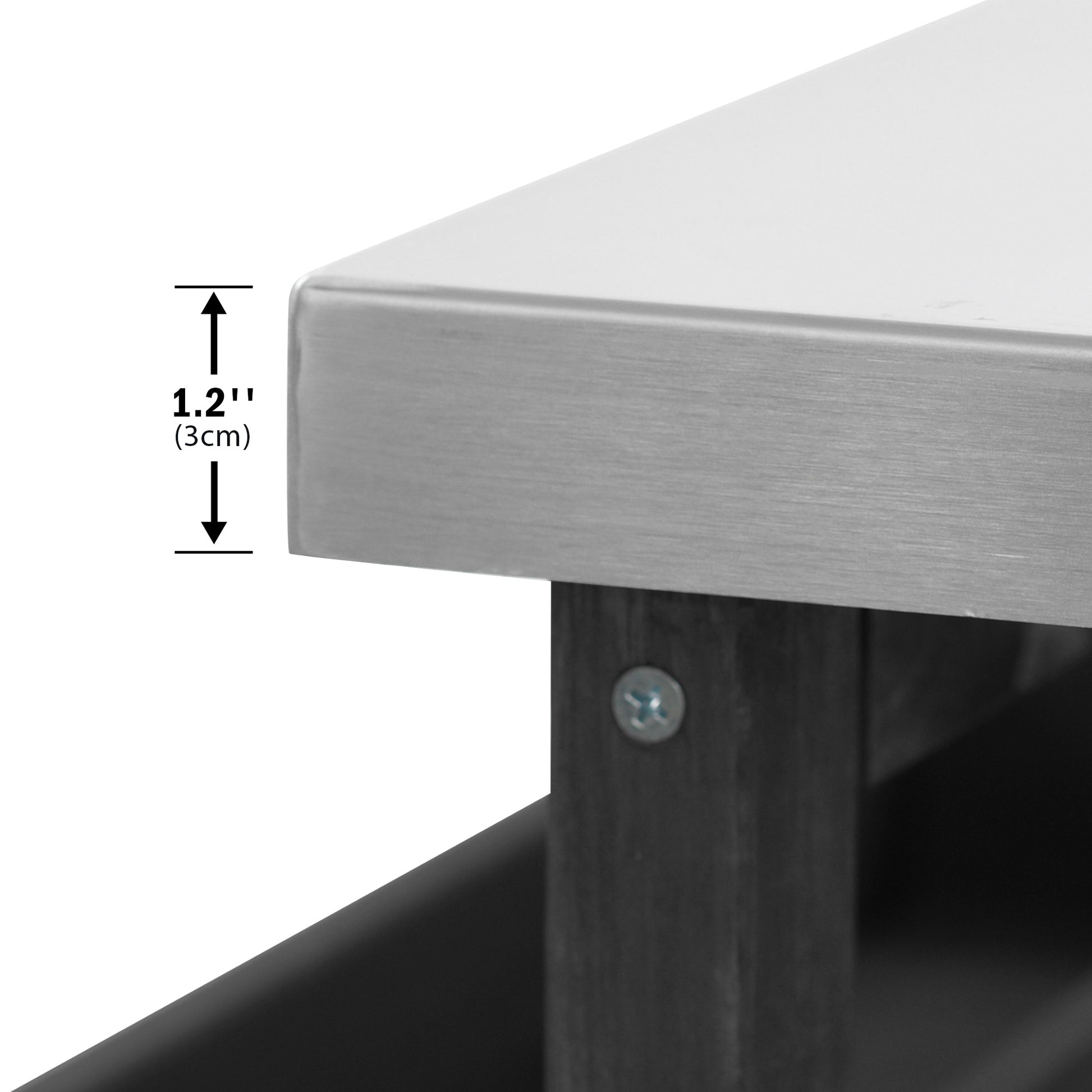 Calais black outdoor kitchen island showing 1.2 inch stainless steel tabletop thickness