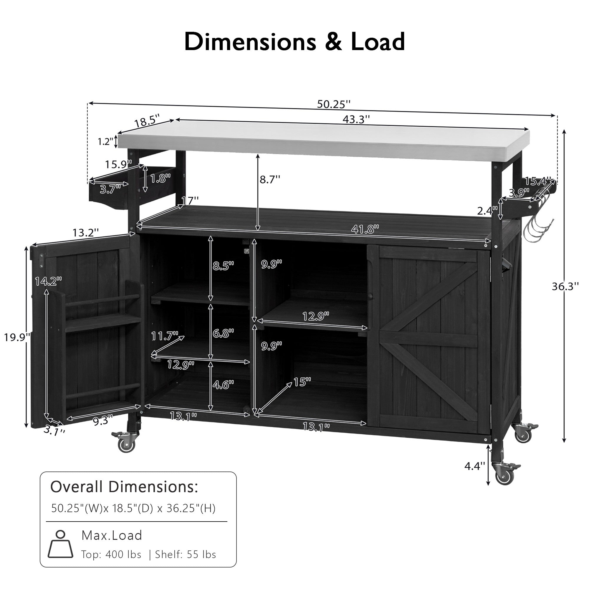 Calais black outdoor kitchen island showing overall dimensions load capacity and storage measurements