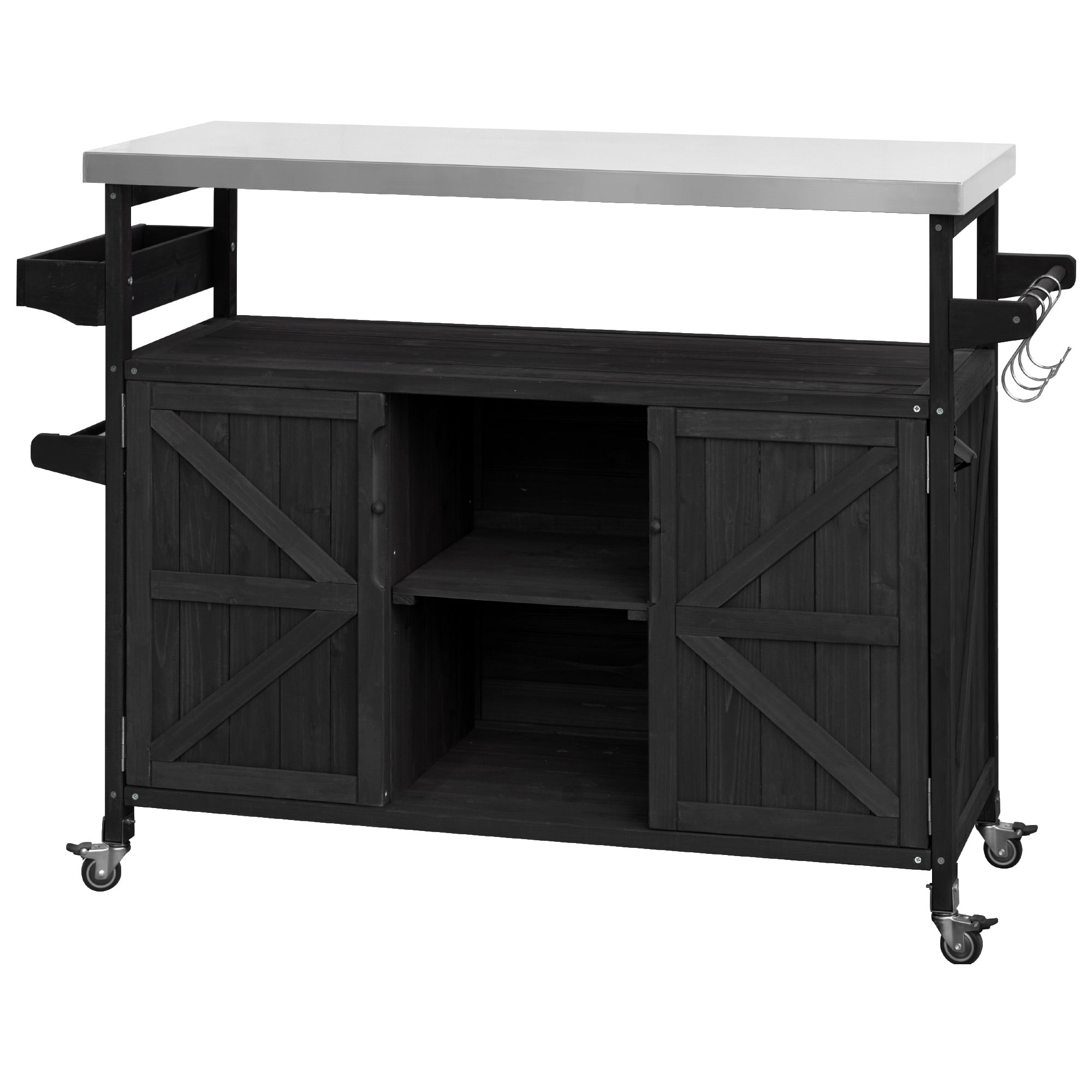 Calais black outdoor kitchen island showing front view with storage cabinet and wheels