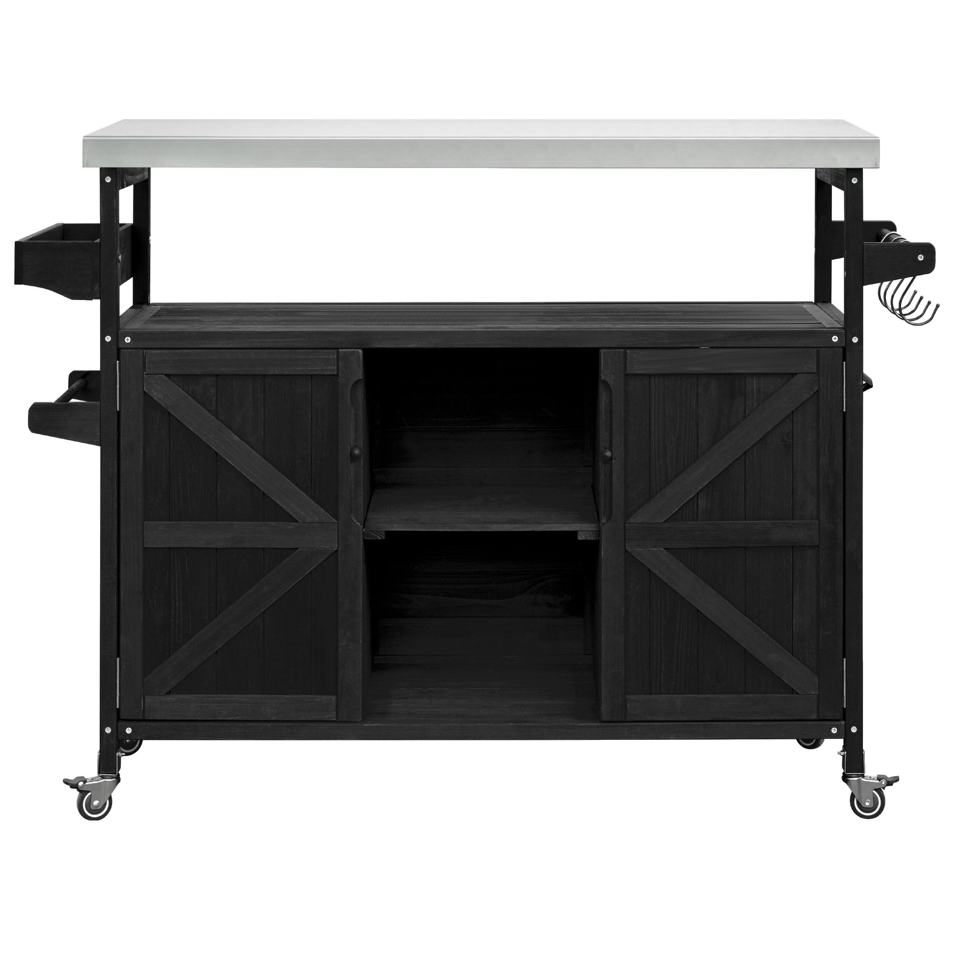 Calais black outdoor kitchen island showing front view with shelves and cabinet doors