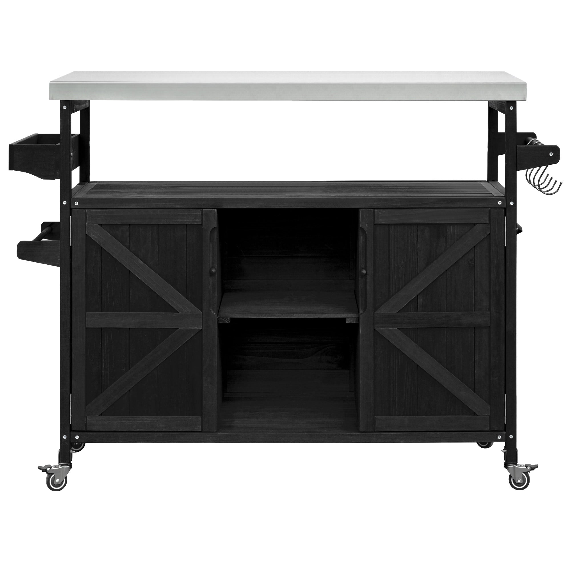 Calais black outdoor kitchen island showing front view with shelves and cabinet doors