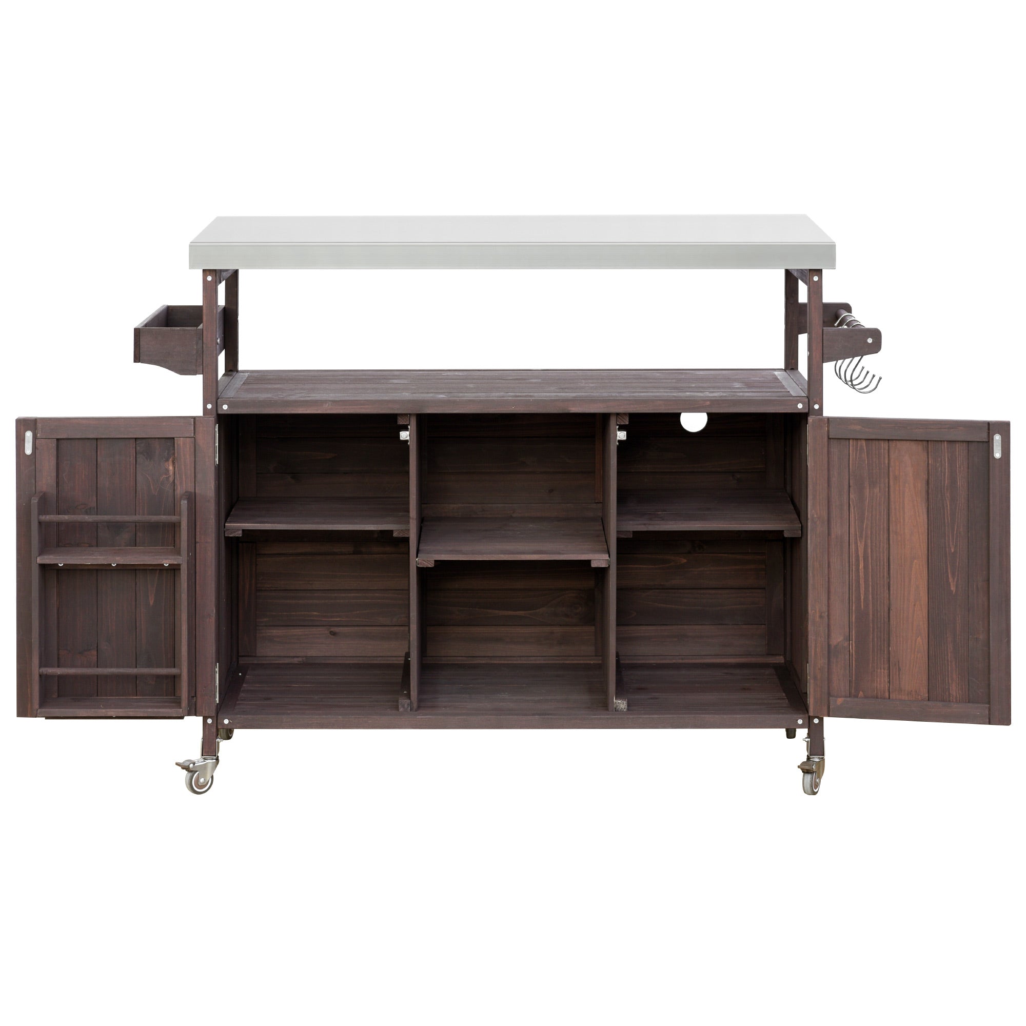 Calais brown outdoor kitchen island showing open cabinet storage and adjustable shelves