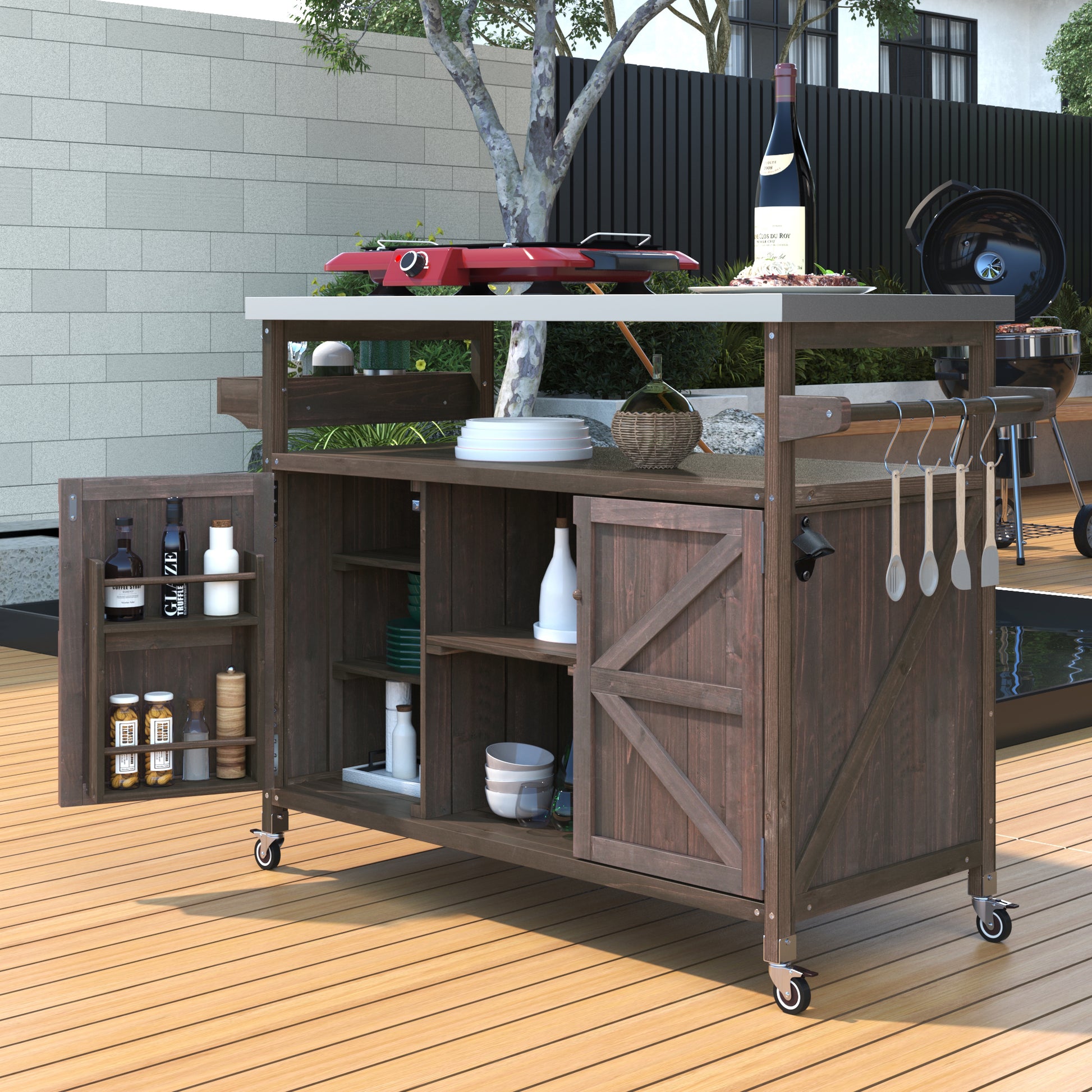 Calais brown outdoor kitchen island showing open cabinet storage and side hooks