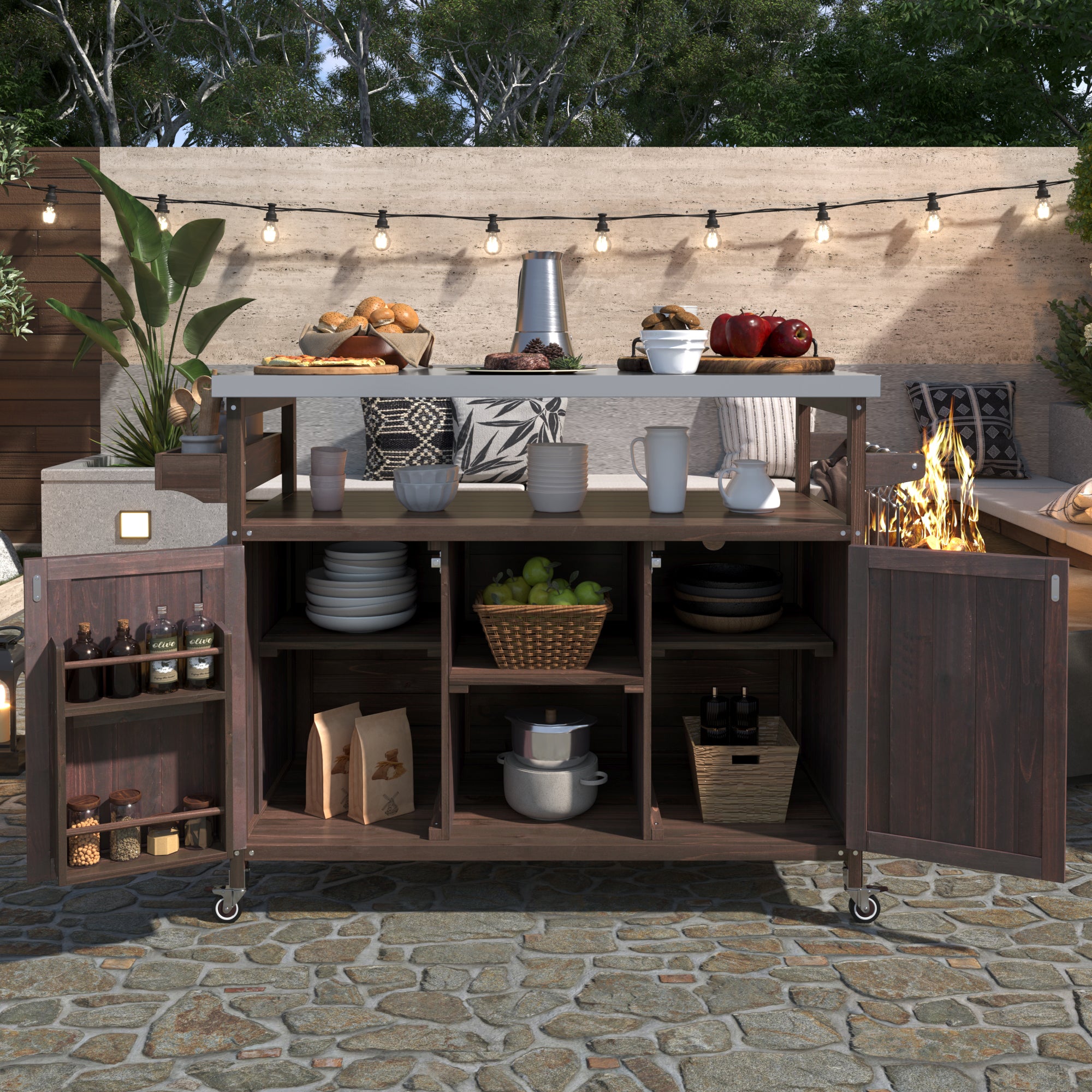 Calais brown outdoor kitchen island showing open storage shelves and cabinet doors