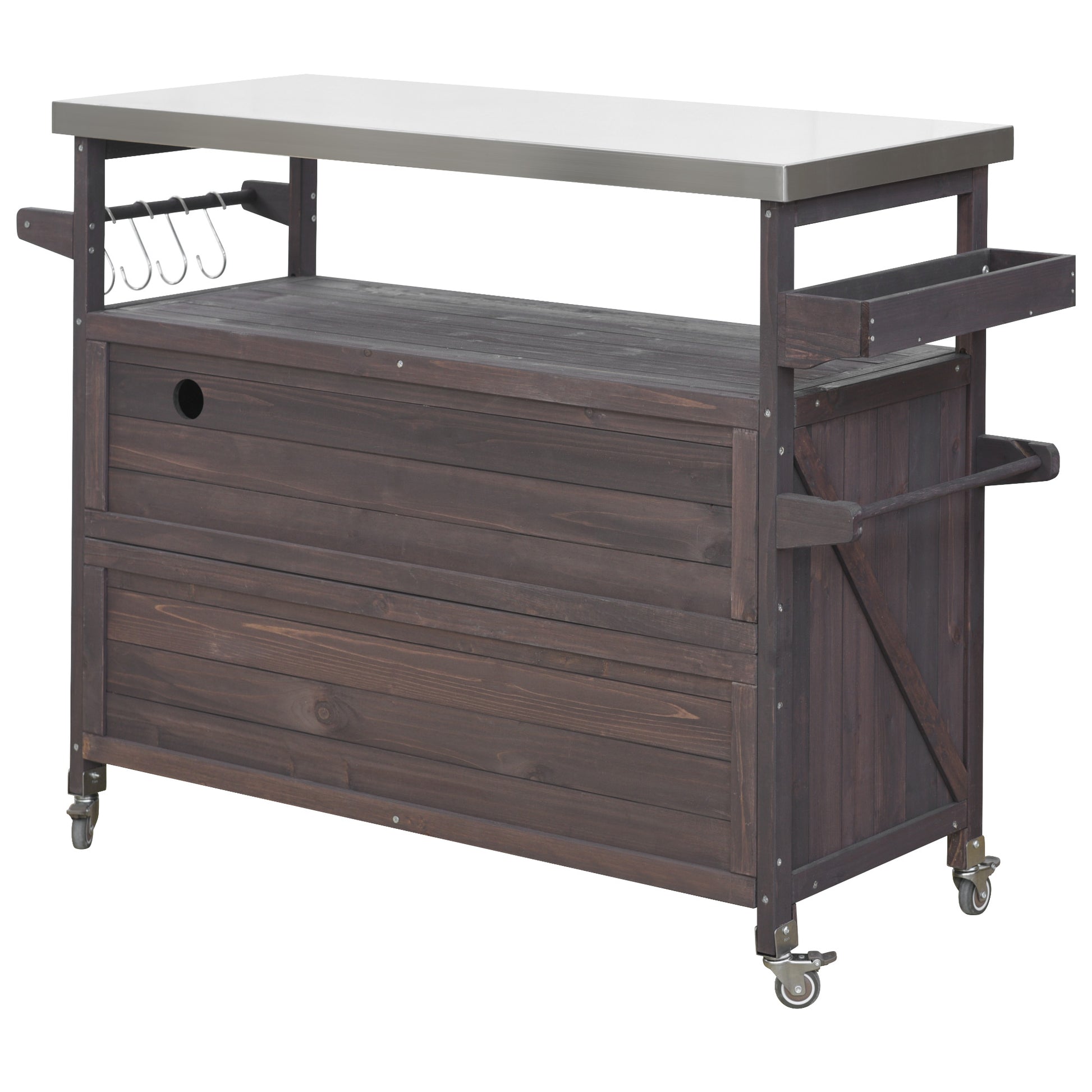 Calais brown outdoor kitchen island showing back view with hooks drawer and wheels