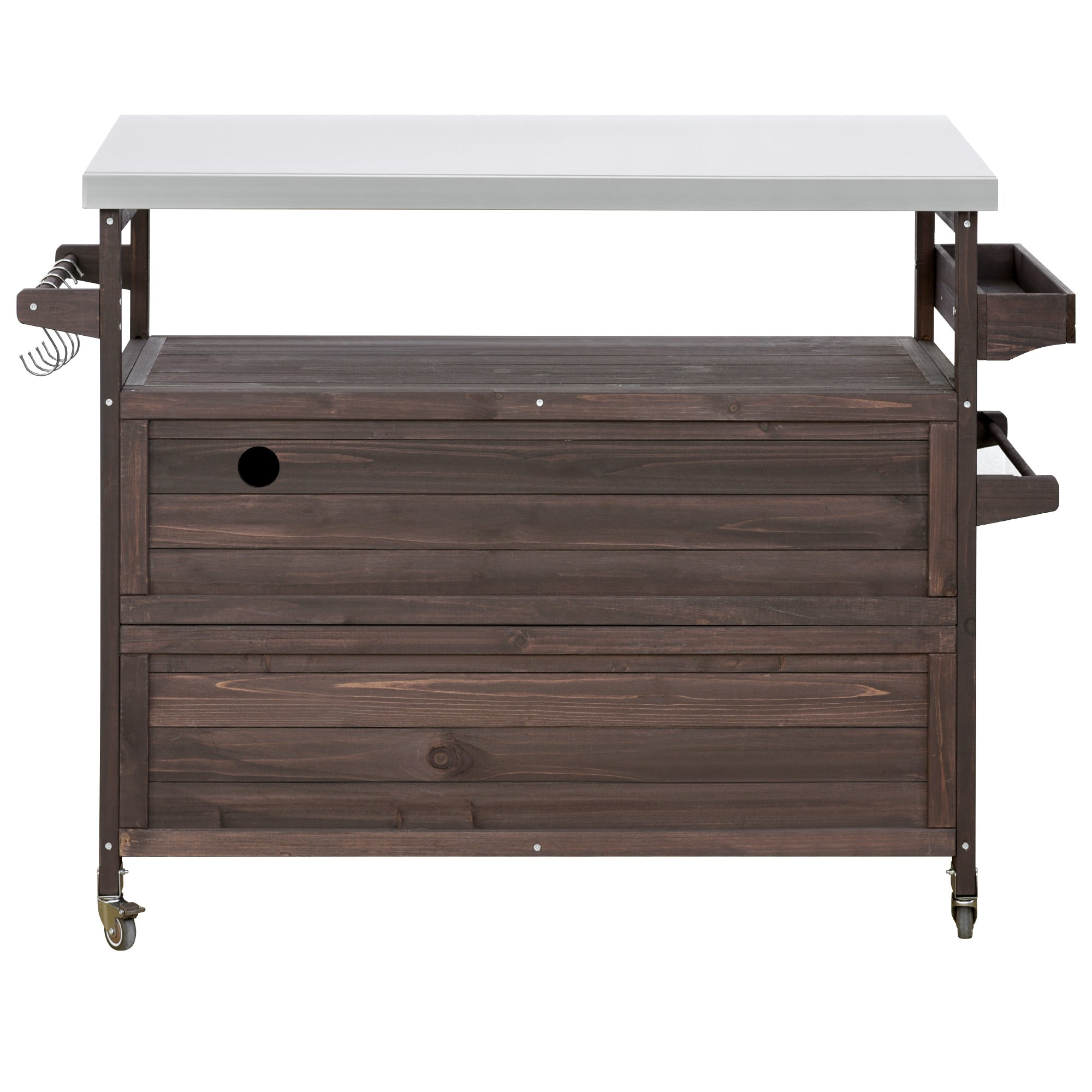 Calais brown outdoor kitchen island showing back panel with hooks drawer and wheels