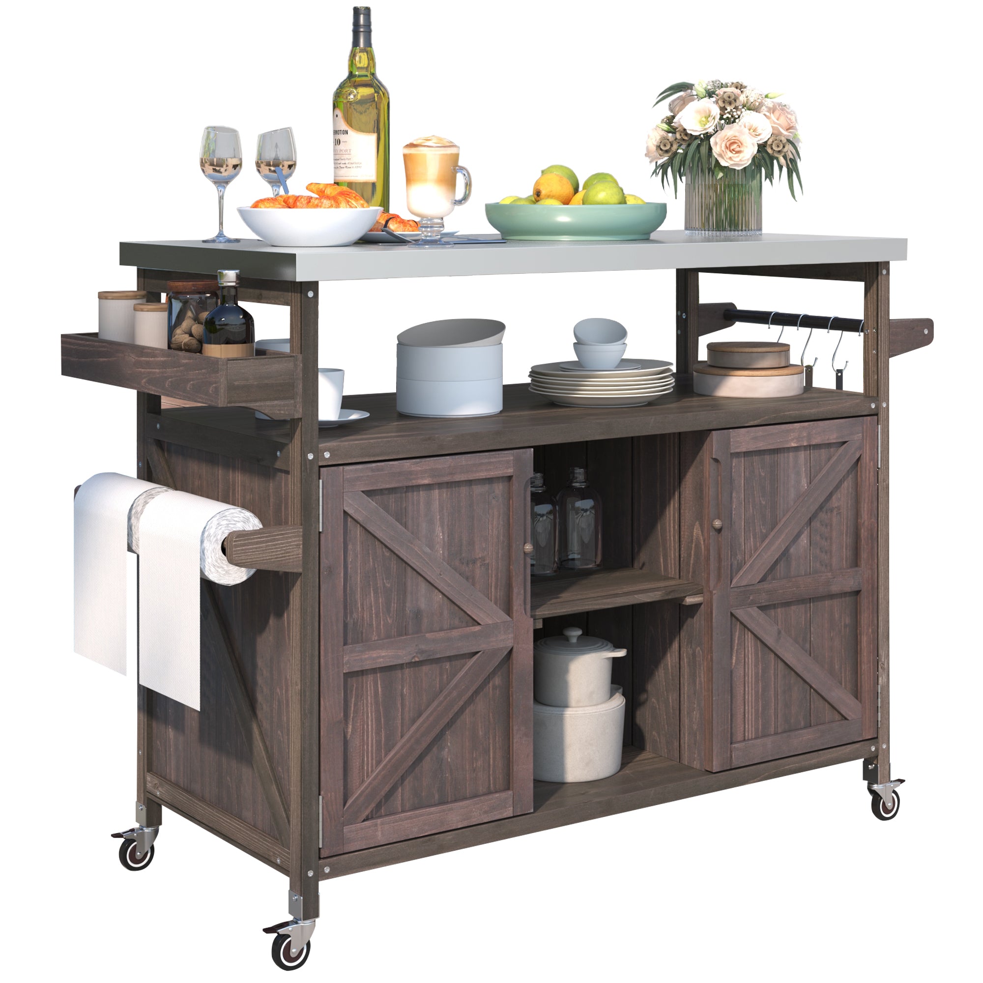 Calais brown outdoor kitchen island showing front view with tabletop setup and wheels