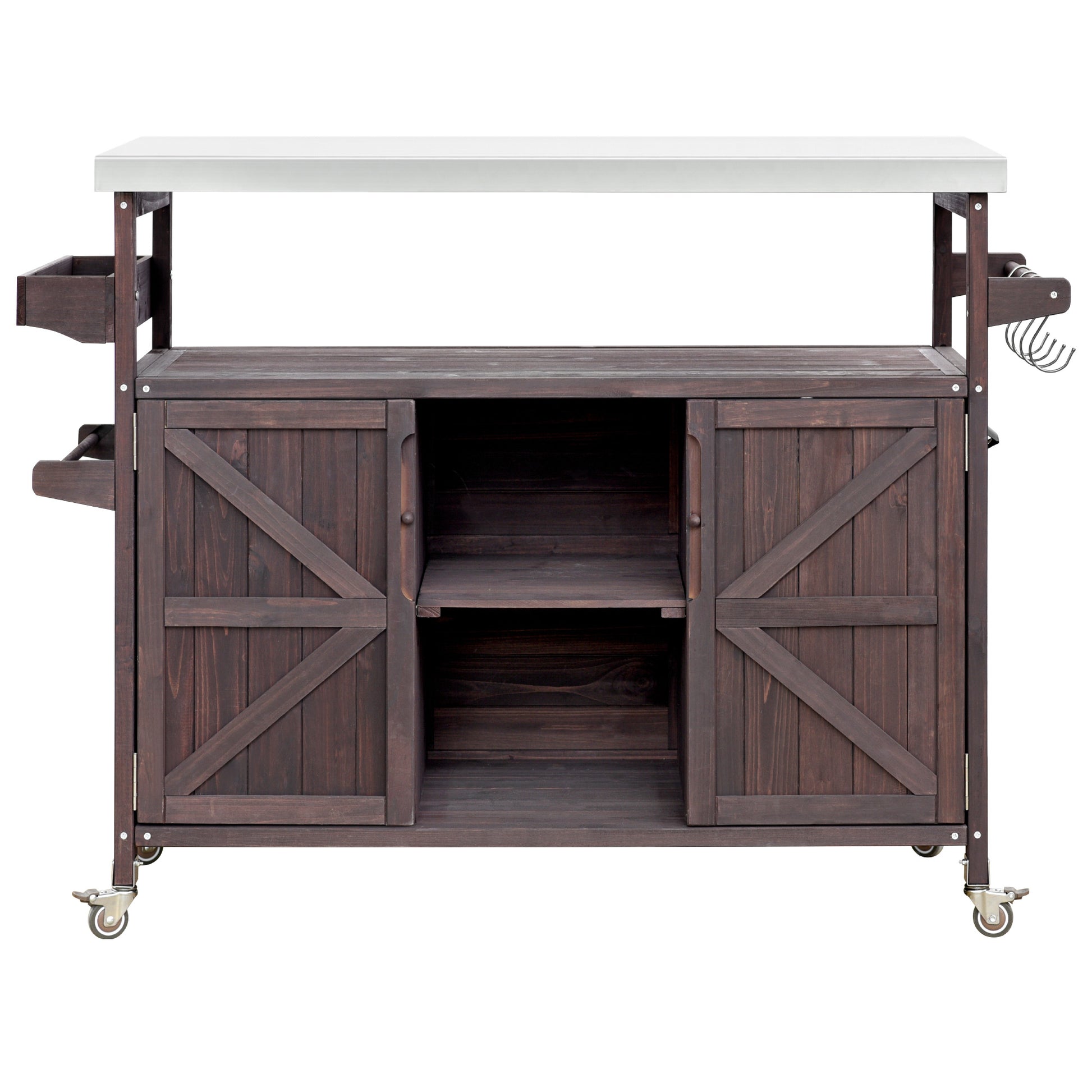 Calais brown outdoor kitchen island showing front view with cabinet doors shelves and wheels