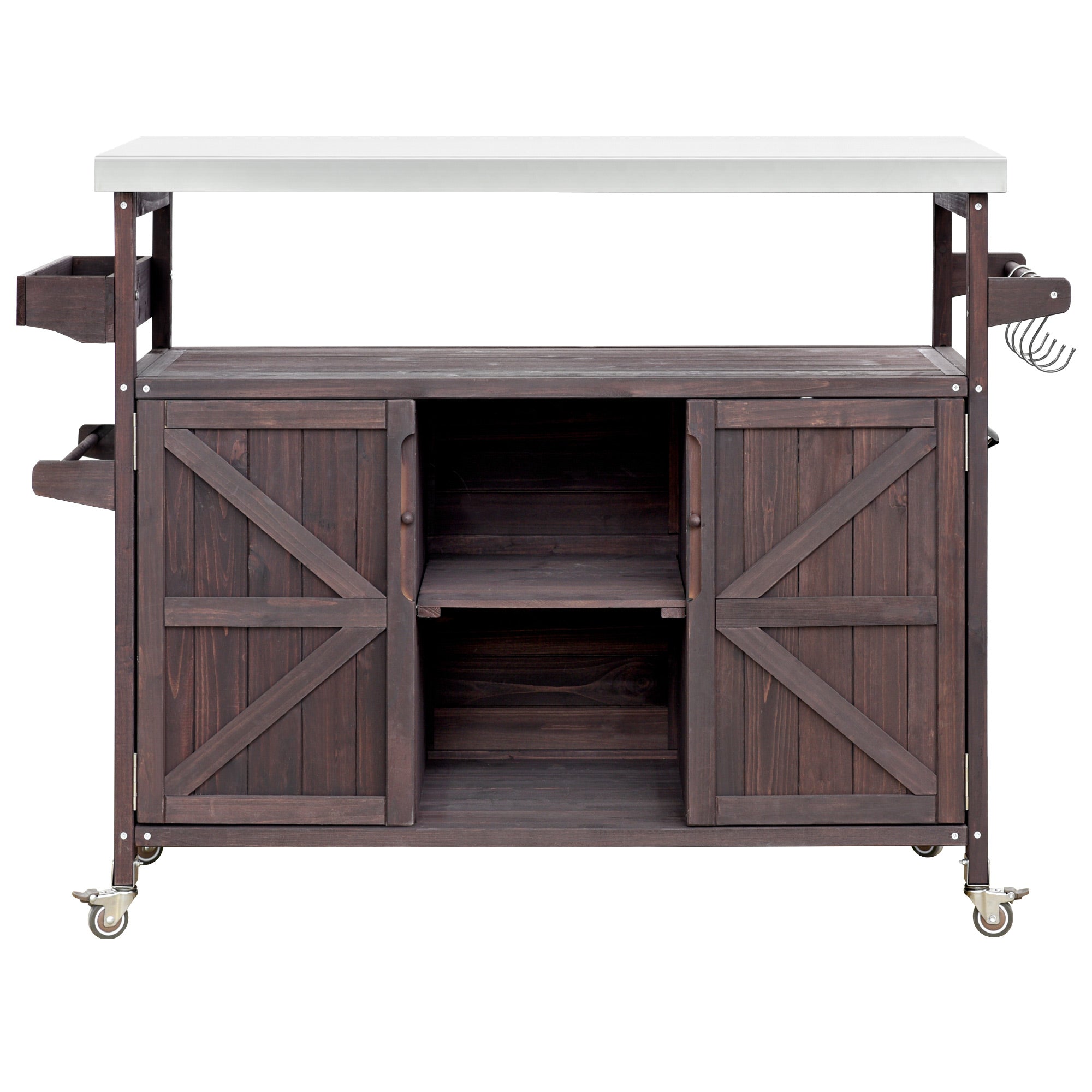 Calais brown outdoor kitchen island showing front view with cabinet doors shelves and wheels