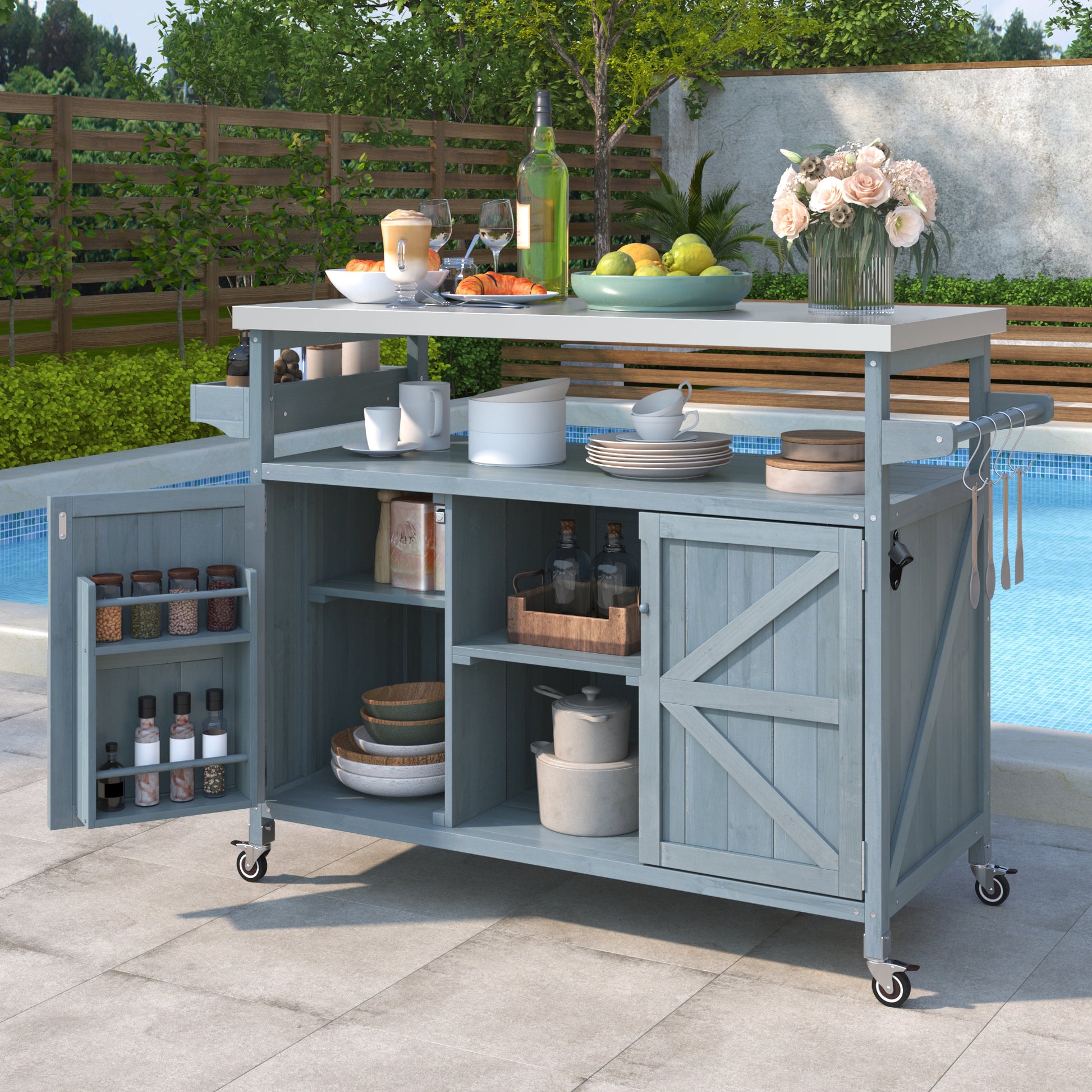 Calais gray blue outdoor kitchen island showing open cabinet storage and side hooks