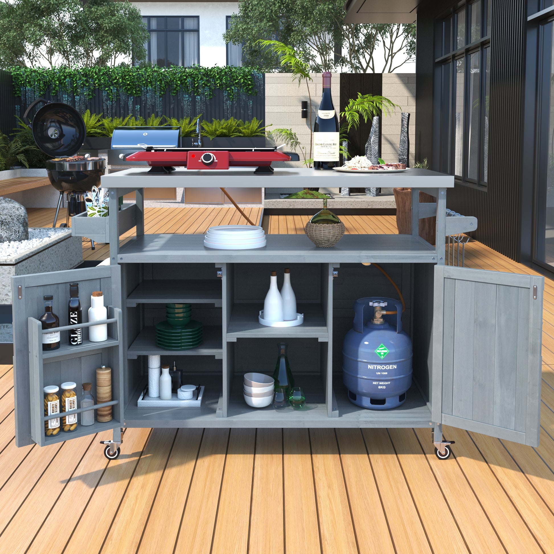 Calais gray blue outdoor kitchen island showing open storage shelves and cabinet doors
