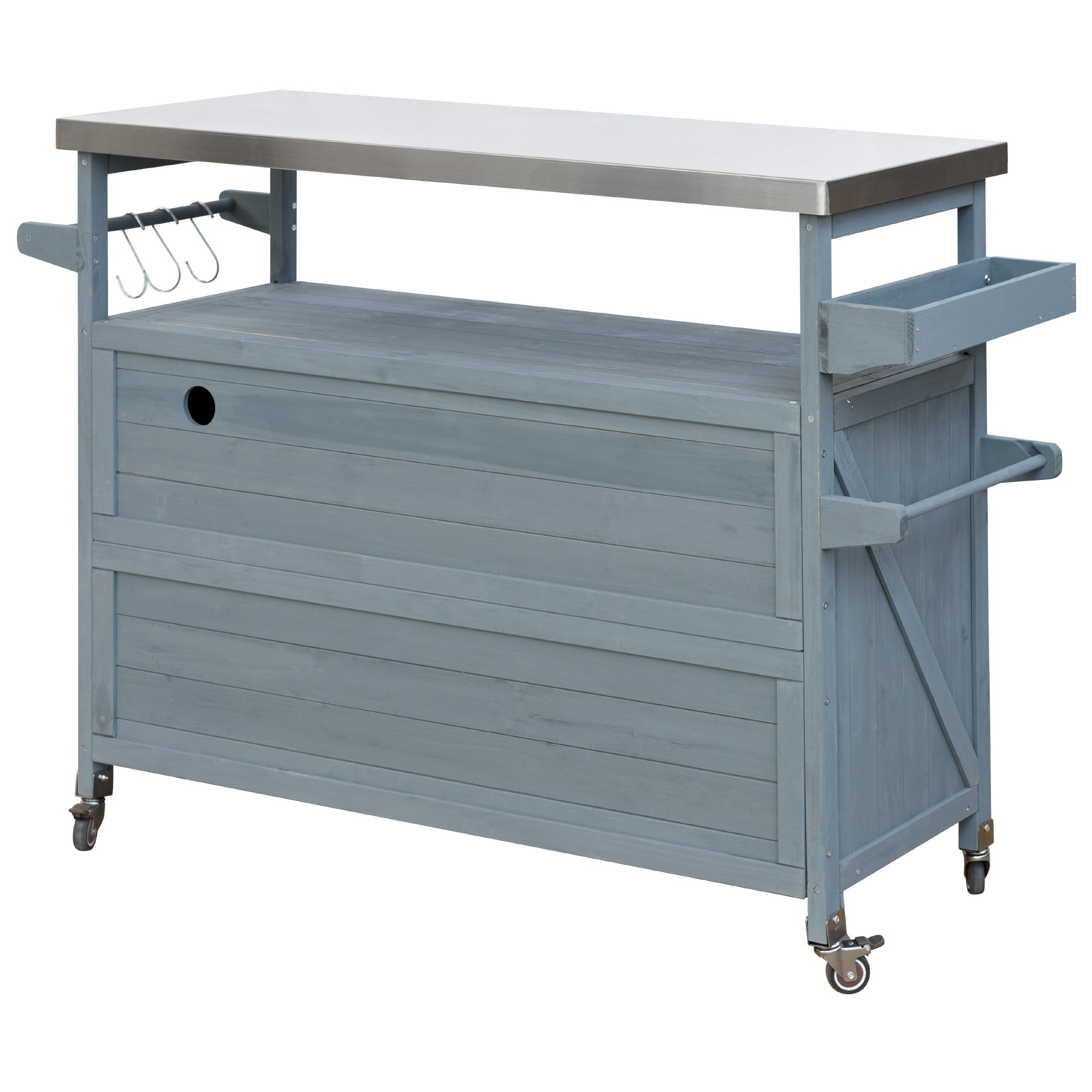 Calais gray blue outdoor kitchen island showing back view with hooks drawer and wheels