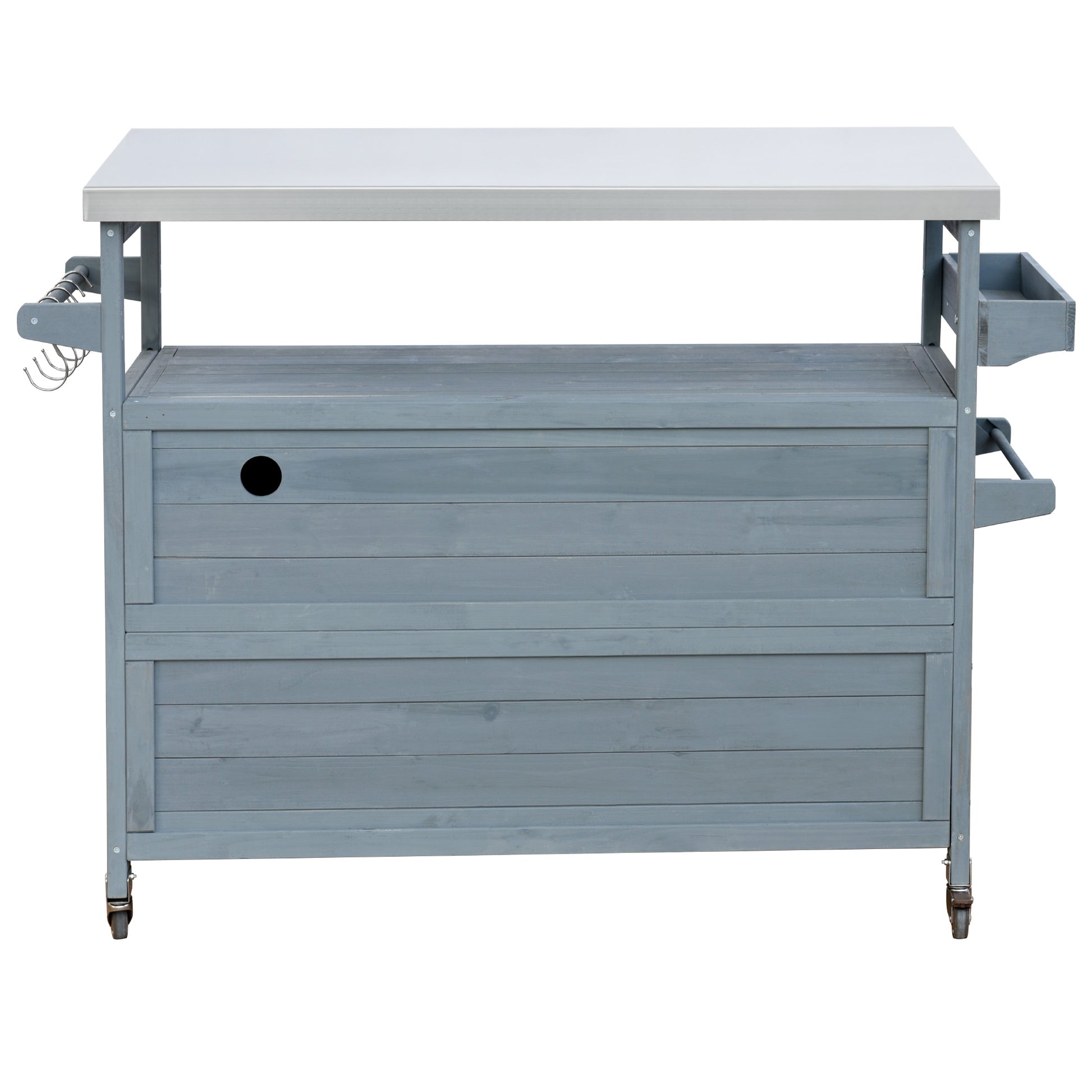 Calais gray blue outdoor kitchen island showing back panel with hooks drawer and wheels