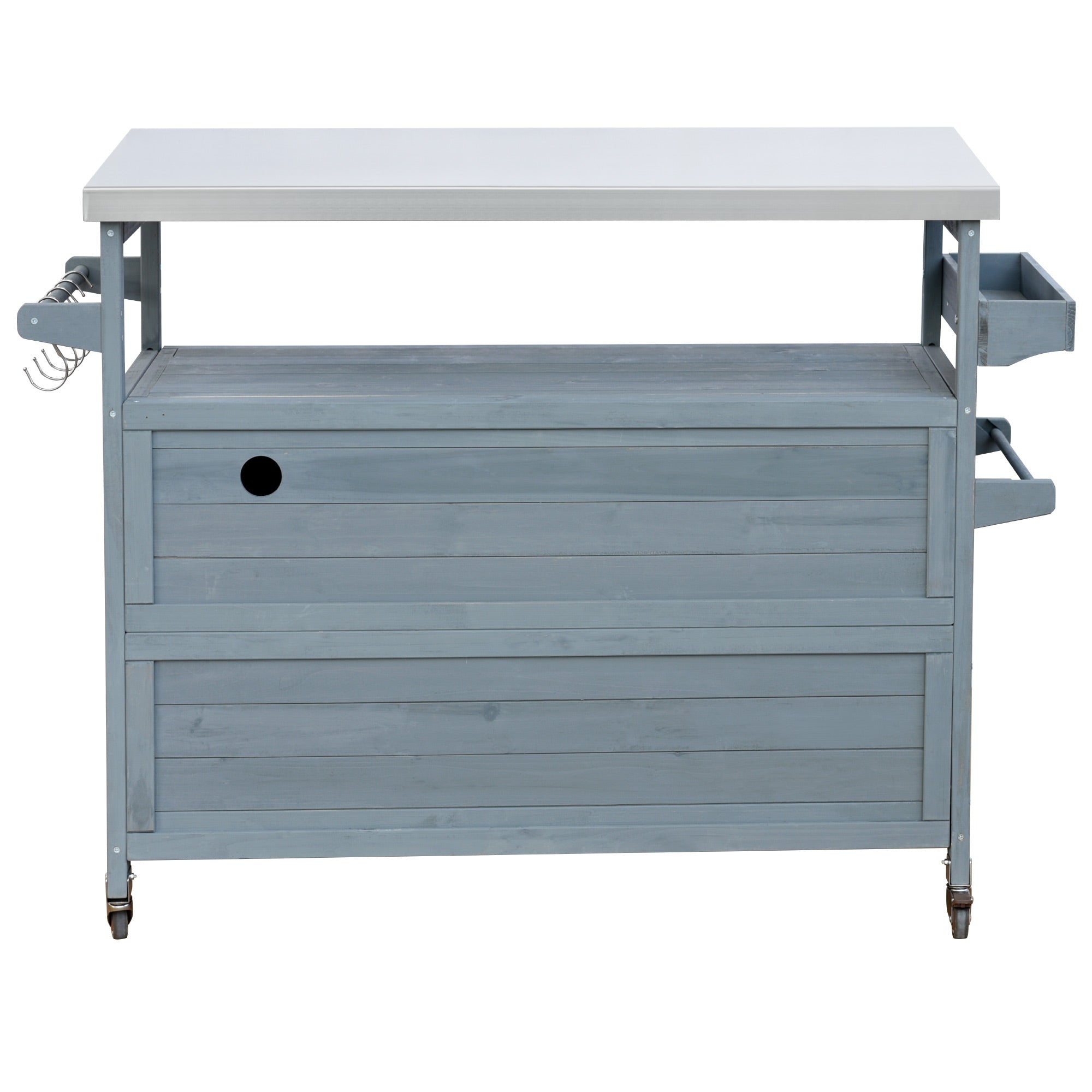 Calais gray blue outdoor kitchen island showing back panel with hooks drawer and wheels