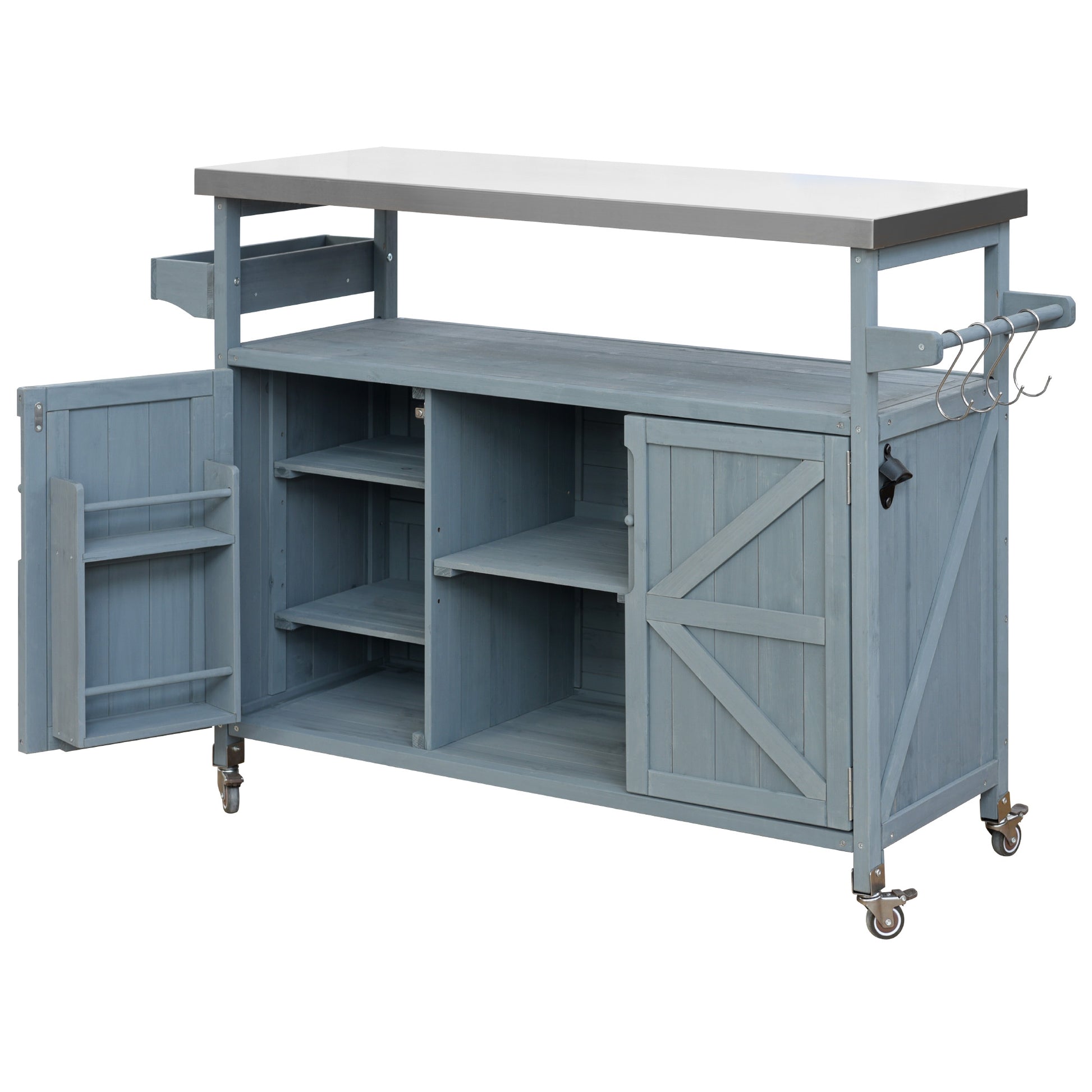Calais gray blue outdoor kitchen island showing open cabinet shelves side rack and hooks