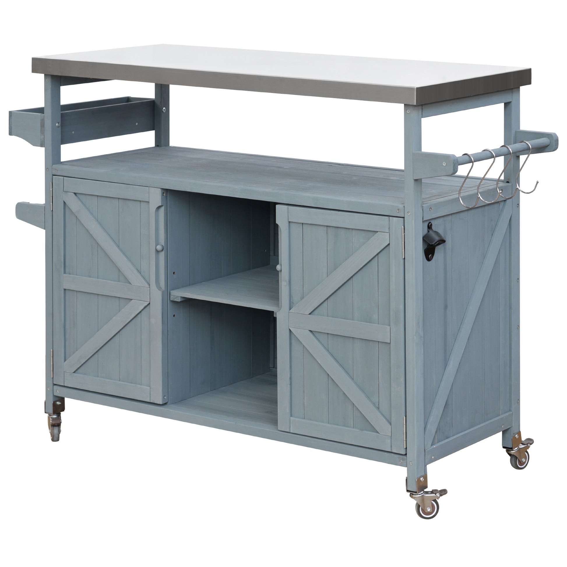 Calais gray blue outdoor kitchen island showing cabinet doors shelves hooks and wheels