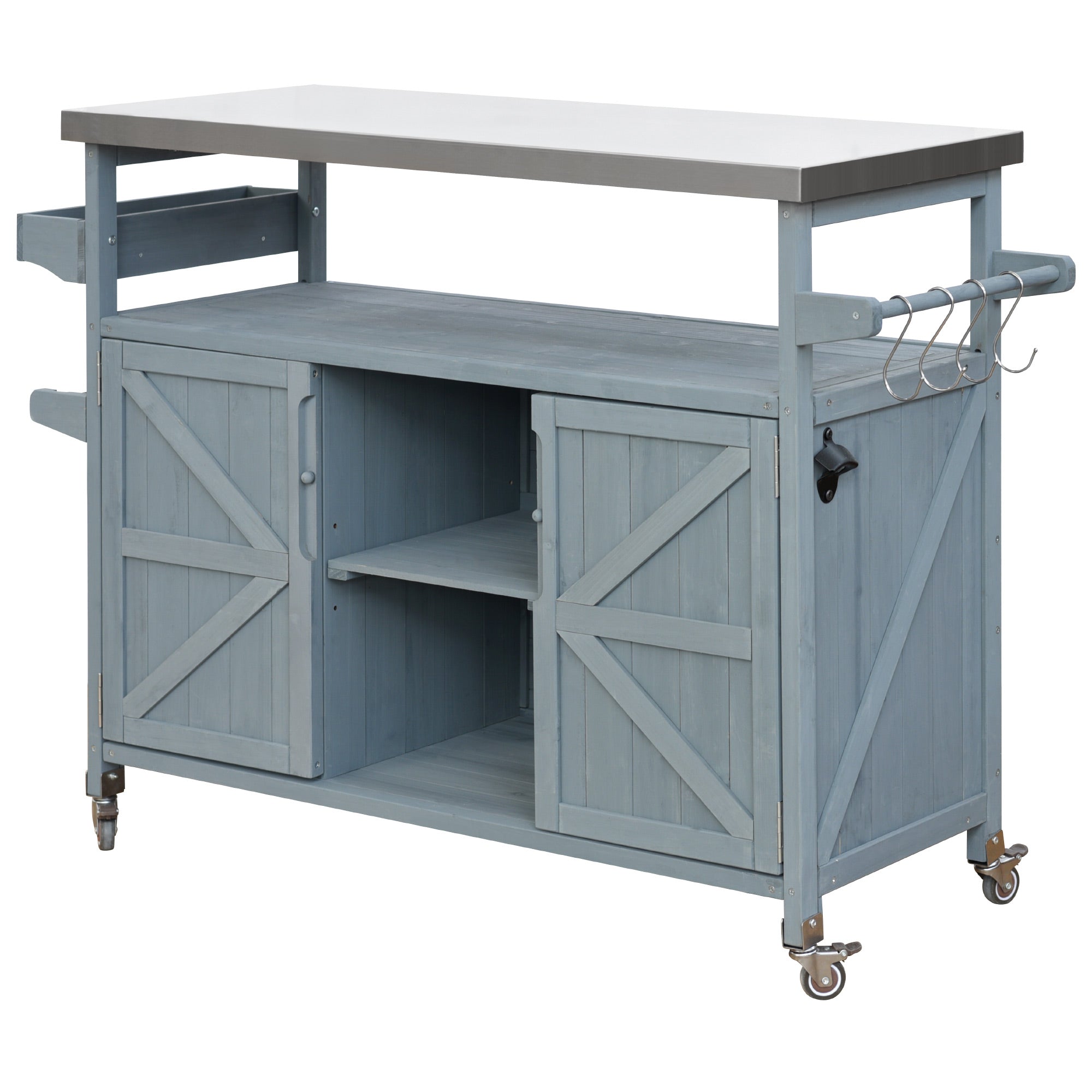 Calais gray blue outdoor kitchen island showing cabinet doors shelves hooks and wheels