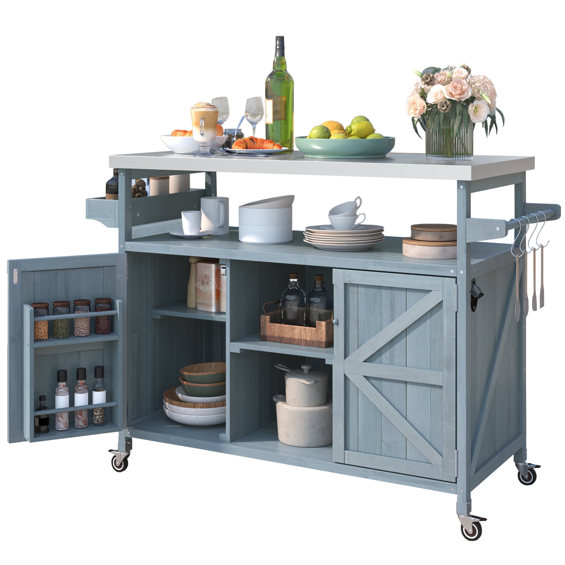 Calais gray blue outdoor kitchen island showing open cabinet storage and tabletop setup