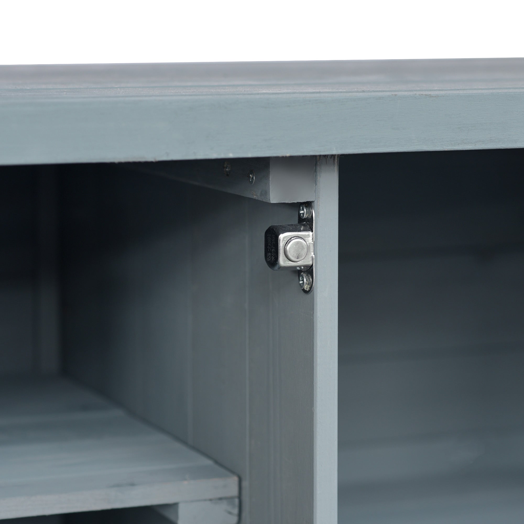 Calais gray blue outdoor kitchen island showing magnetic door catch and inner cabinet detail