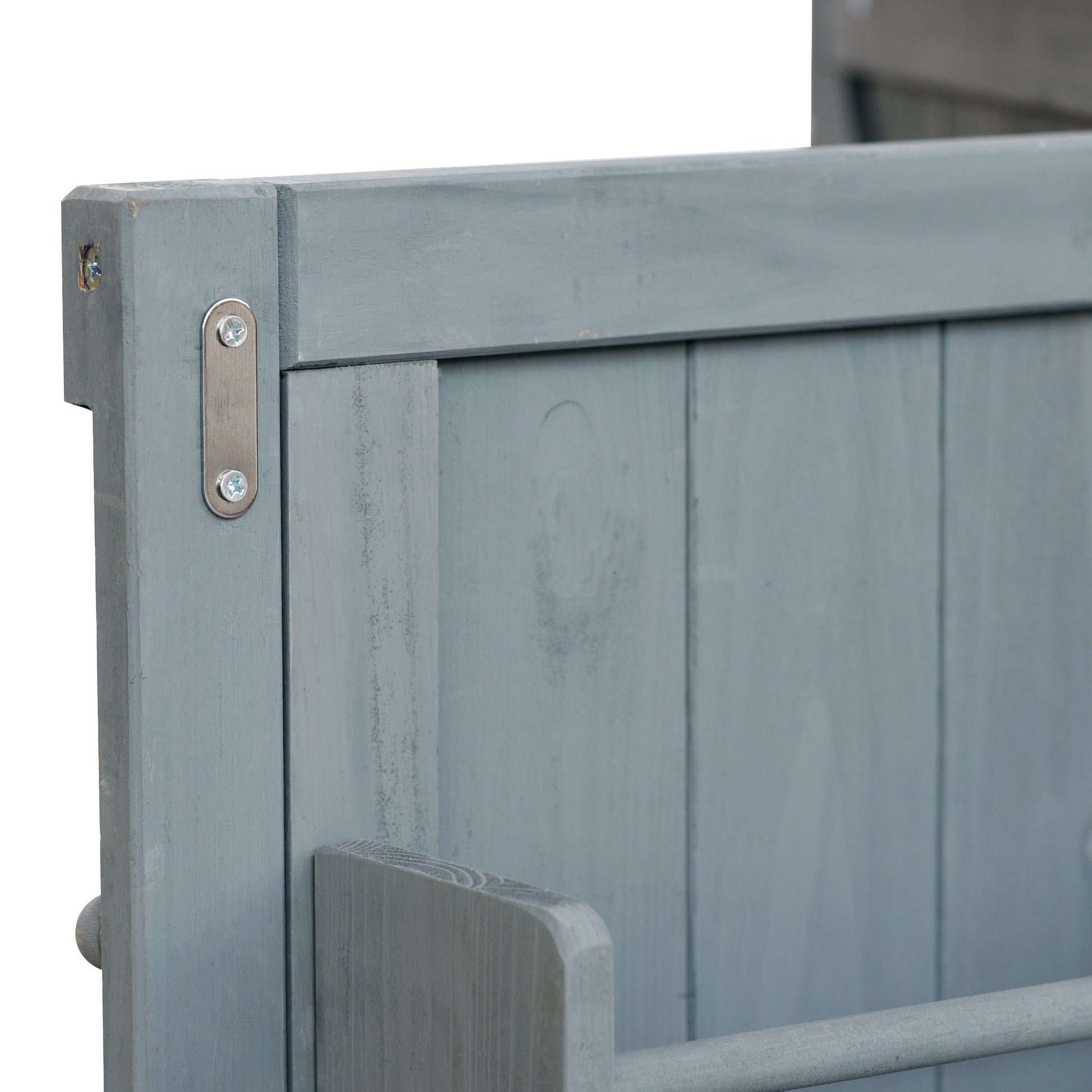 Calais gray blue outdoor kitchen island showing metal bracket screws and wood frame detail