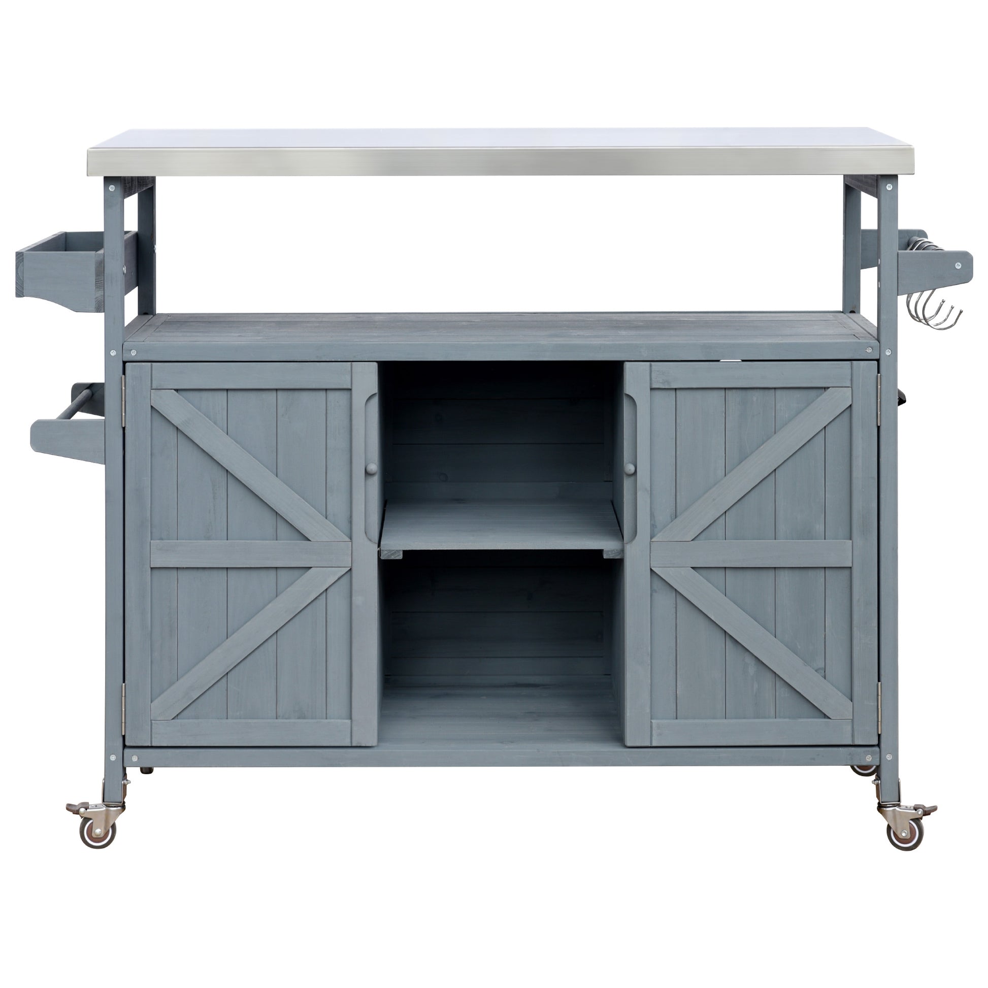 Calais gray blue outdoor kitchen island showing front view with cabinet doors shelves and wheels