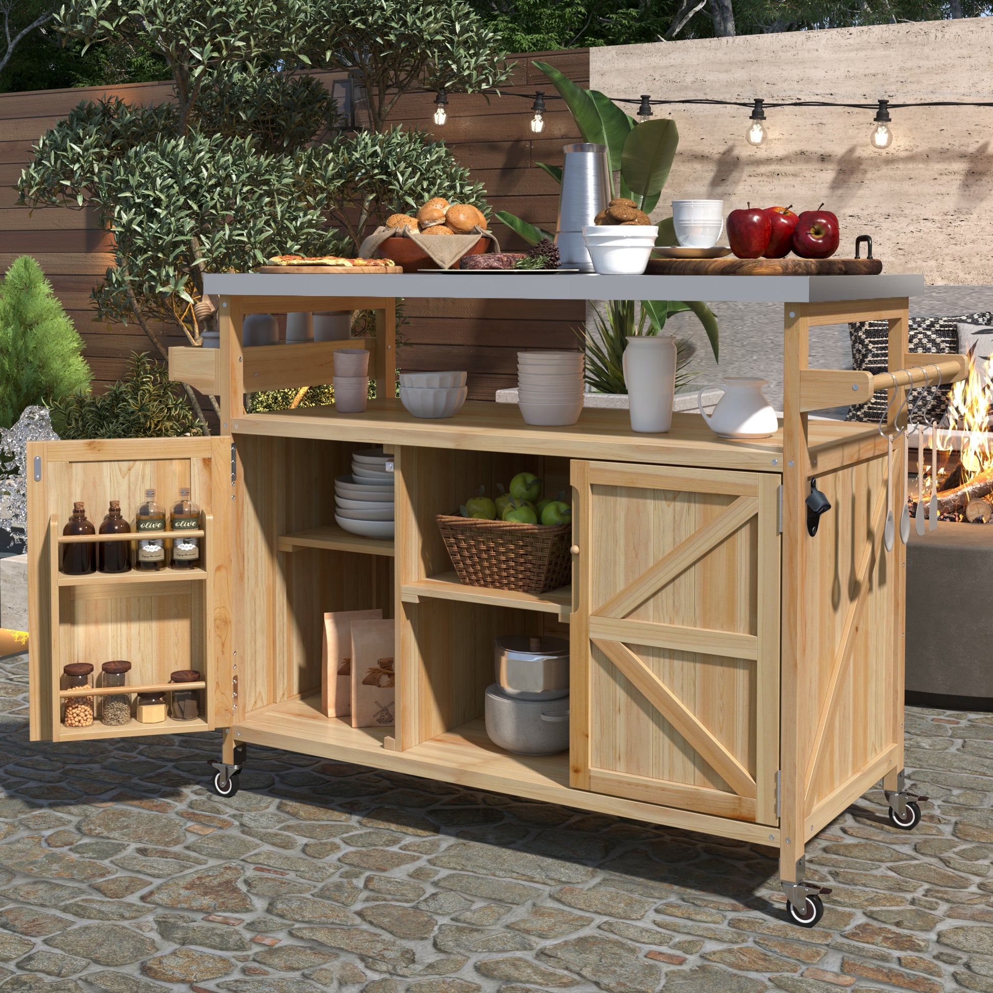 Calais natural outdoor kitchen island showing open cabinet storage and side hooks