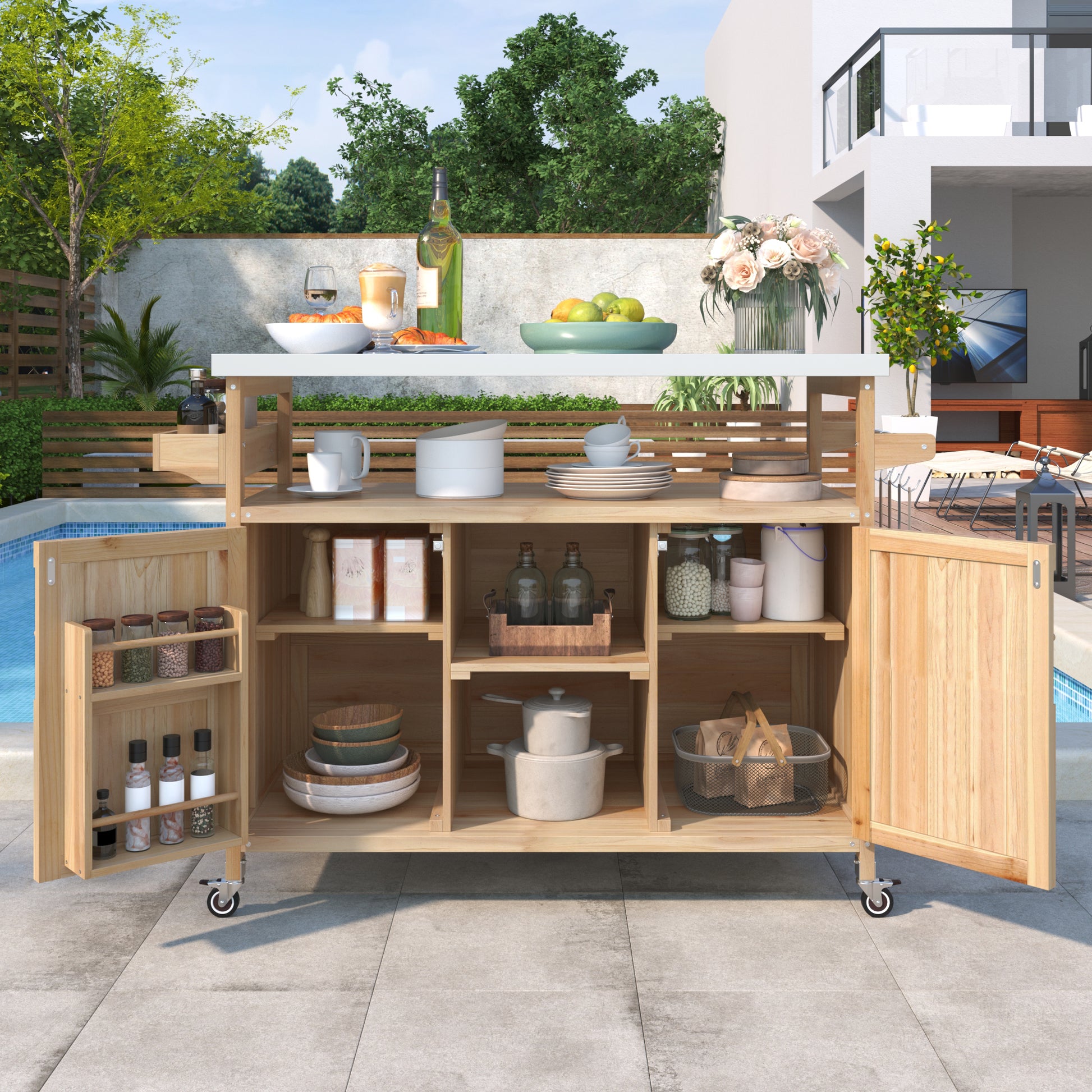 Calais natural outdoor kitchen island showing open storage shelves and cabinet doors