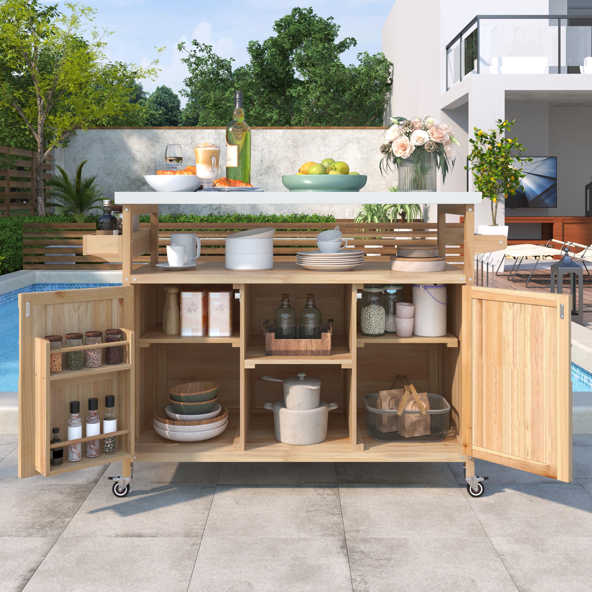 Calais natural outdoor kitchen island showing open storage shelves and cabinet doors