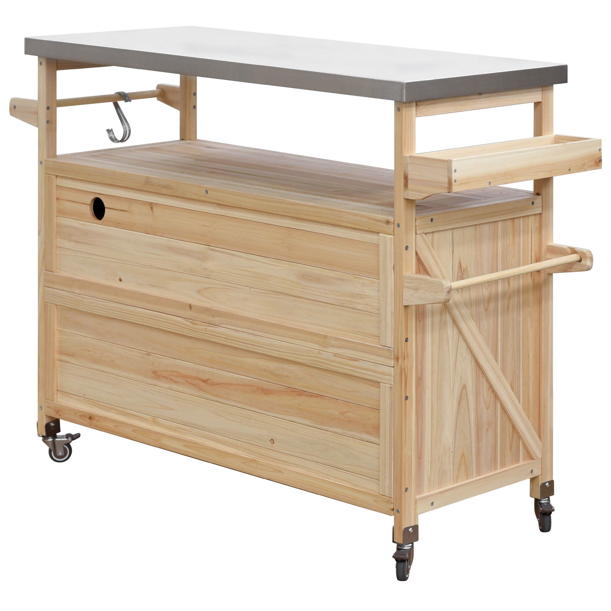 Calais natural outdoor kitchen island showing back view with hooks drawer and wheels