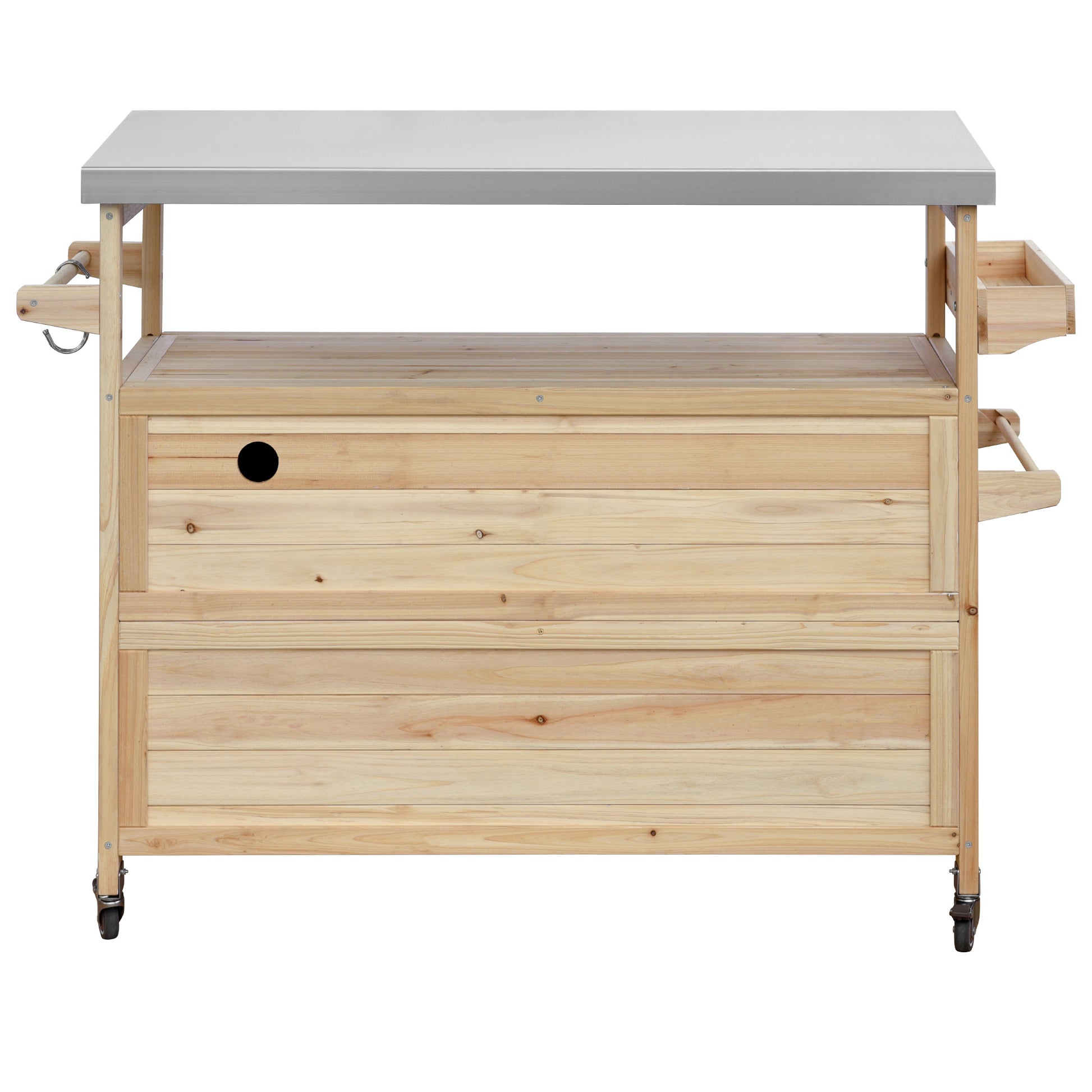 Calais natural outdoor kitchen island showing back panel with hooks drawer and wheels