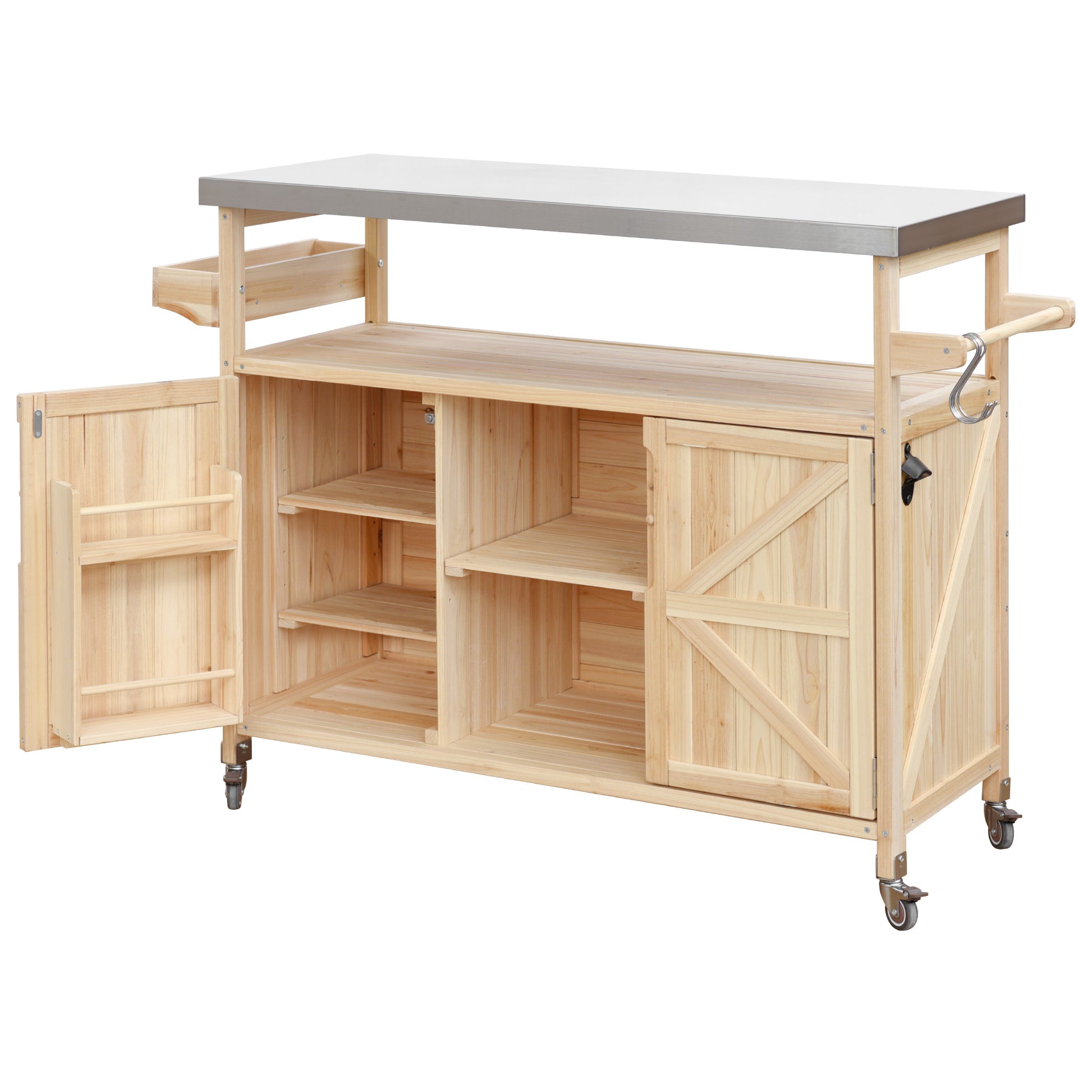Calais natural outdoor kitchen island showing open cabinet shelves side rack and hooks