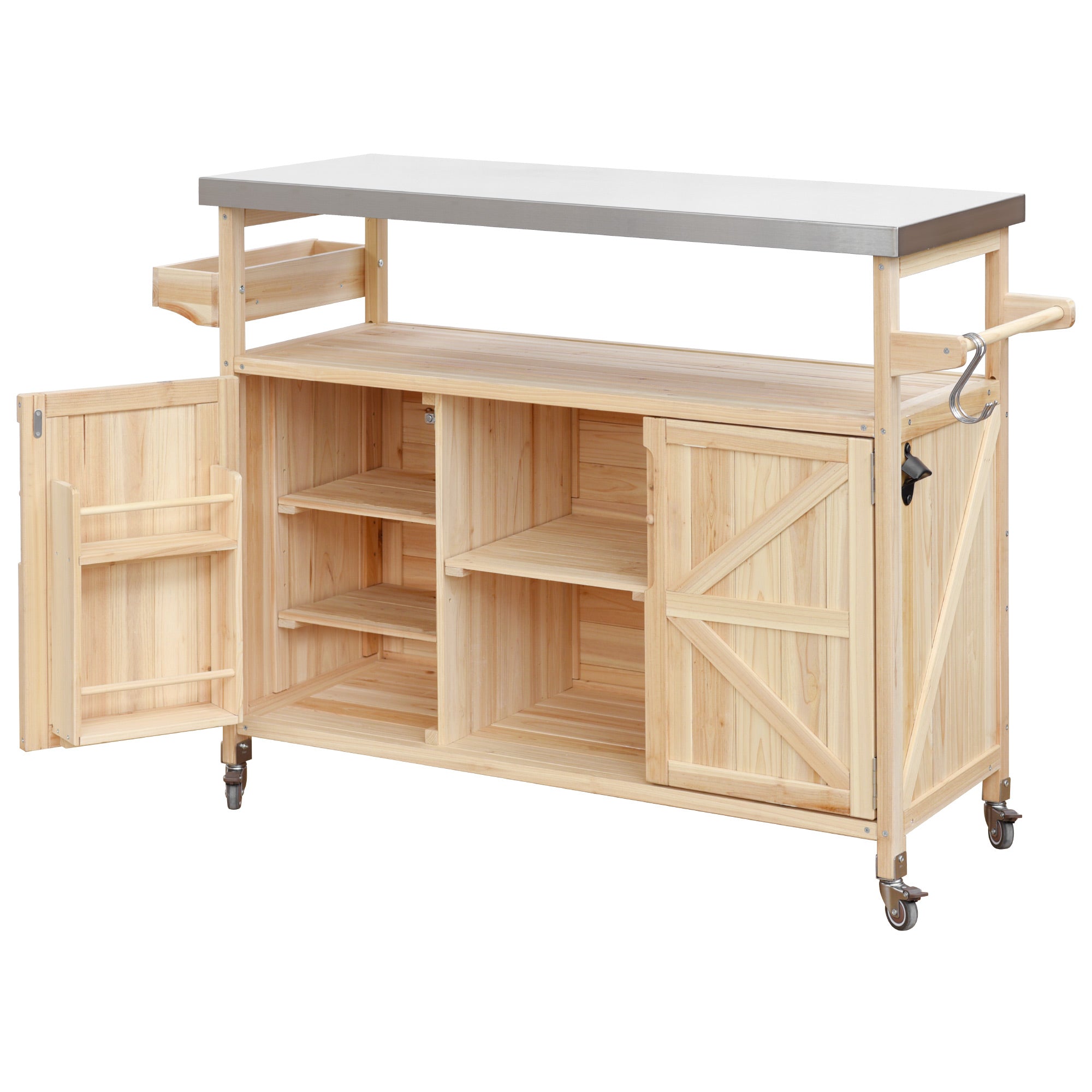 Calais natural outdoor kitchen island showing open cabinet shelves side rack and hooks
