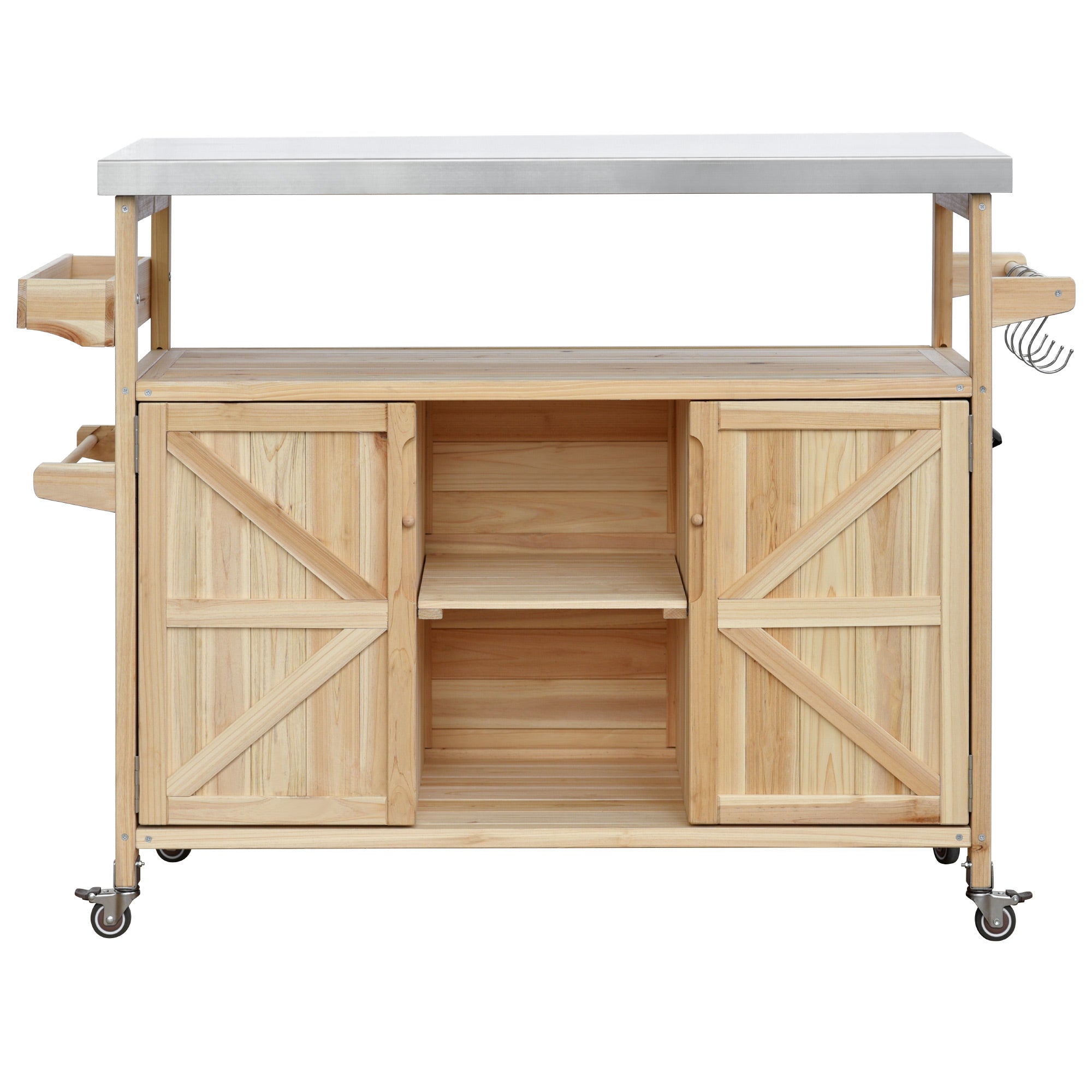 Calais natural outdoor kitchen island showing front view with cabinet doors shelves and wheels