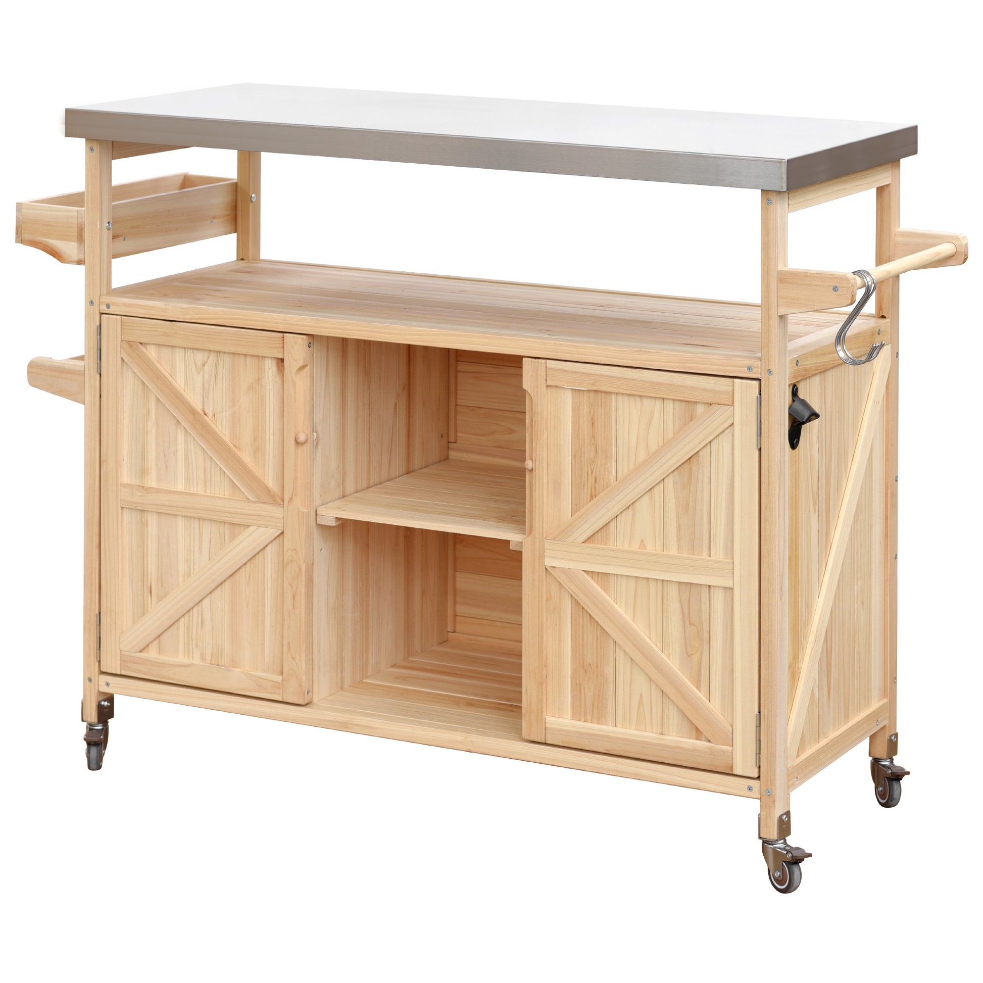 Calais natural outdoor kitchen island showing angled front view with shelves hooks and wheels