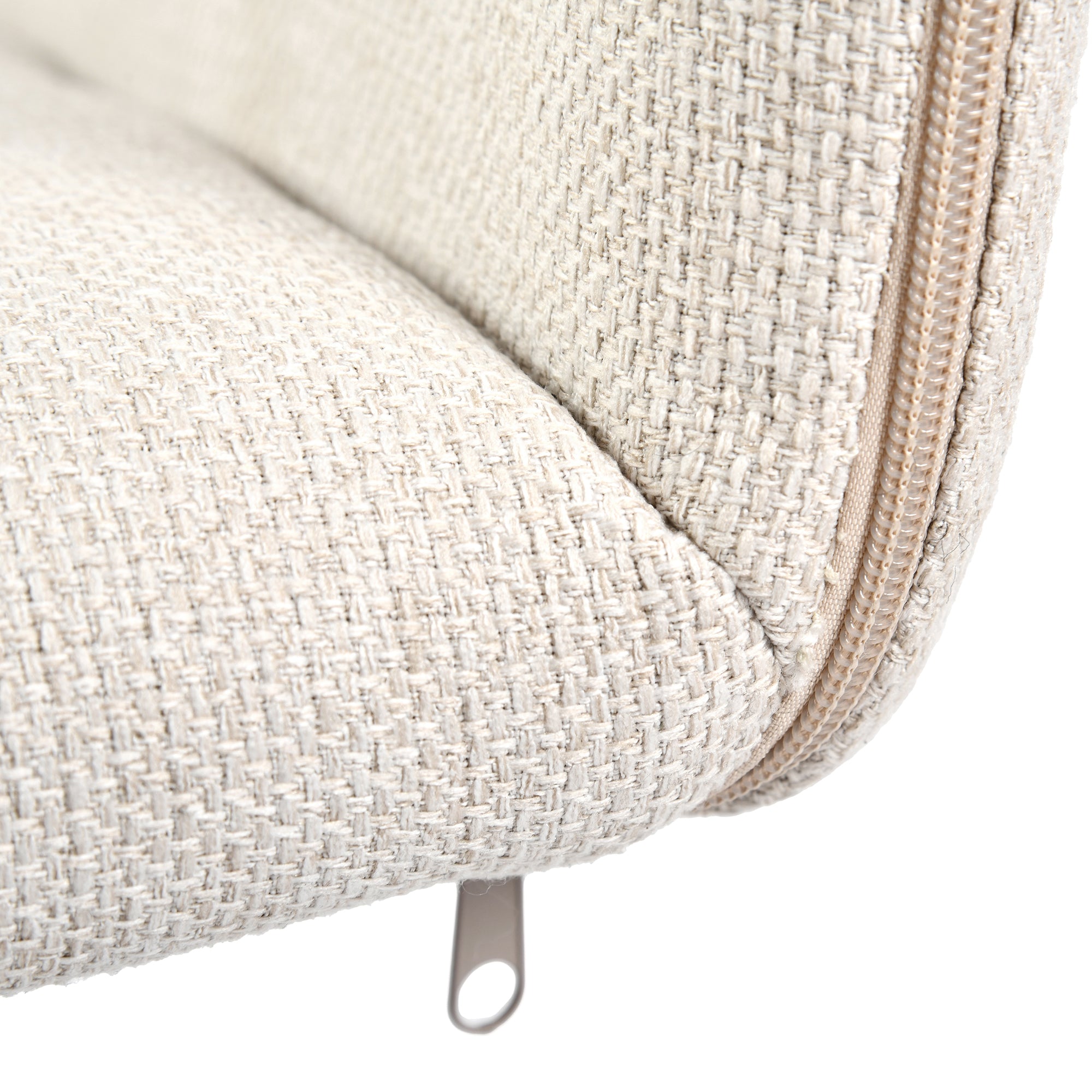 California beige swivel dining chair showing woven fabric close-up detail