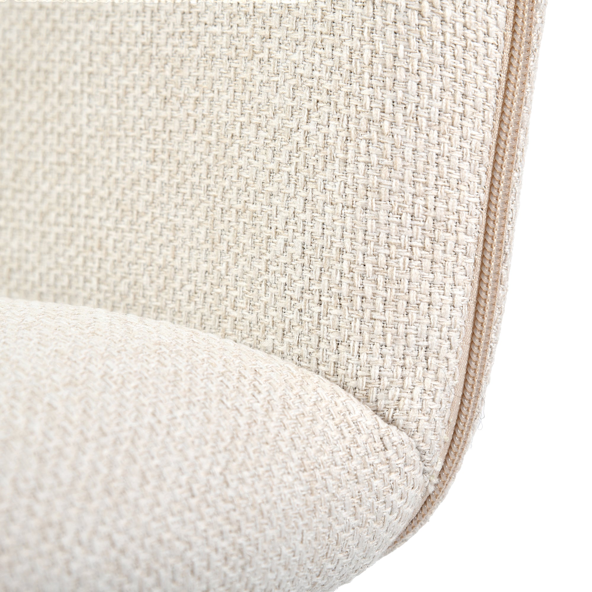California beige swivel dining chair showing curved edge fabric detail
