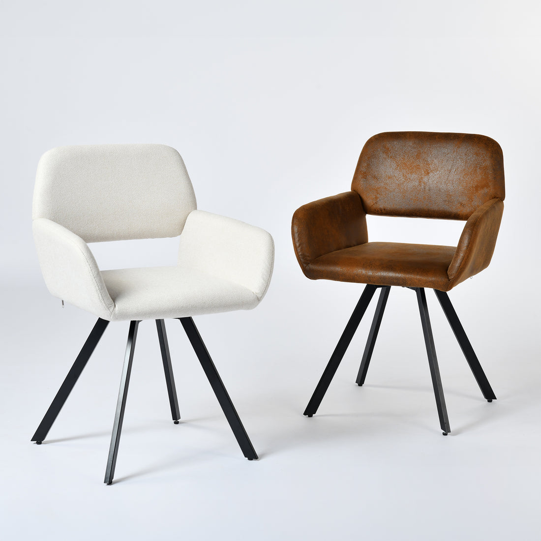 California swivel dining chairs showing beige fabric and suede brown upholstery options