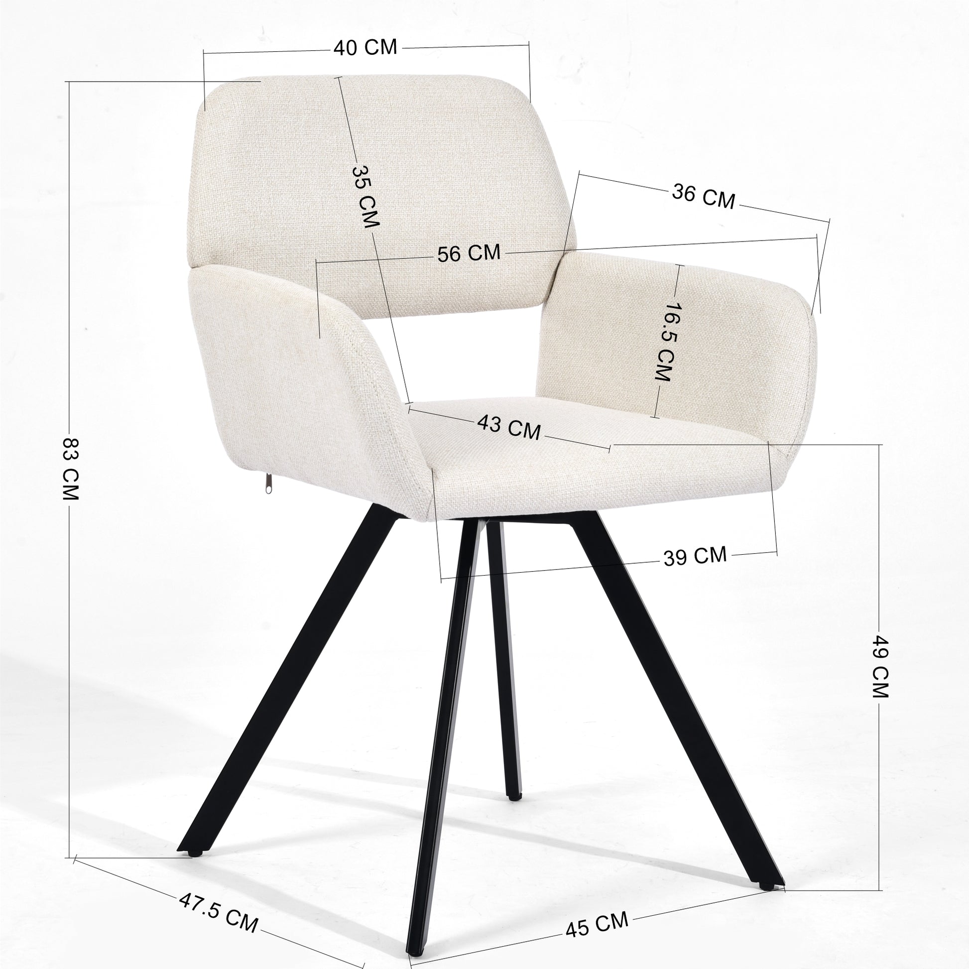 California beige swivel dining chair showing product dimensions