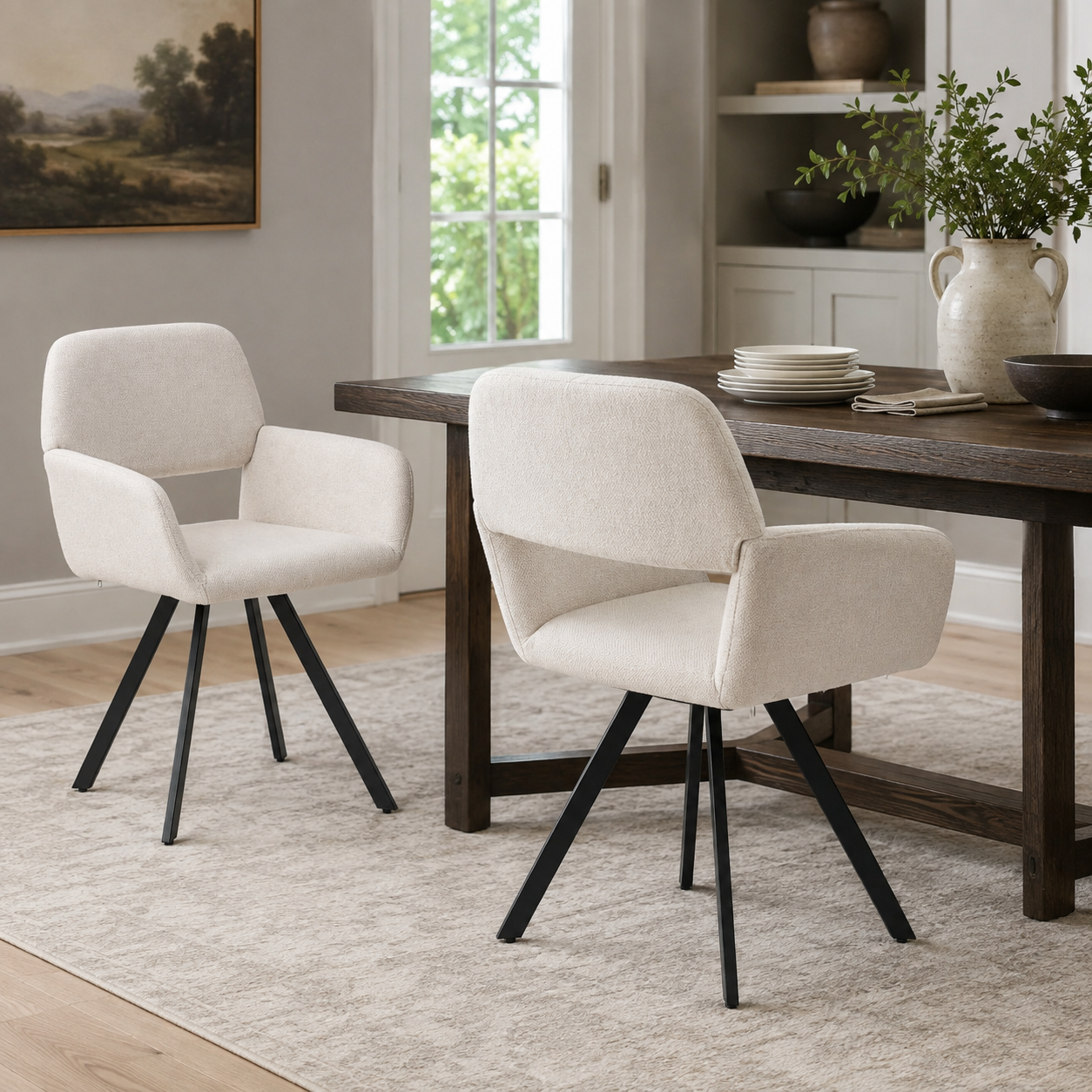 California beige swivel dining chairs styled at a rectangular dining table