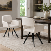 California beige swivel dining chairs styled at a rectangular dining table